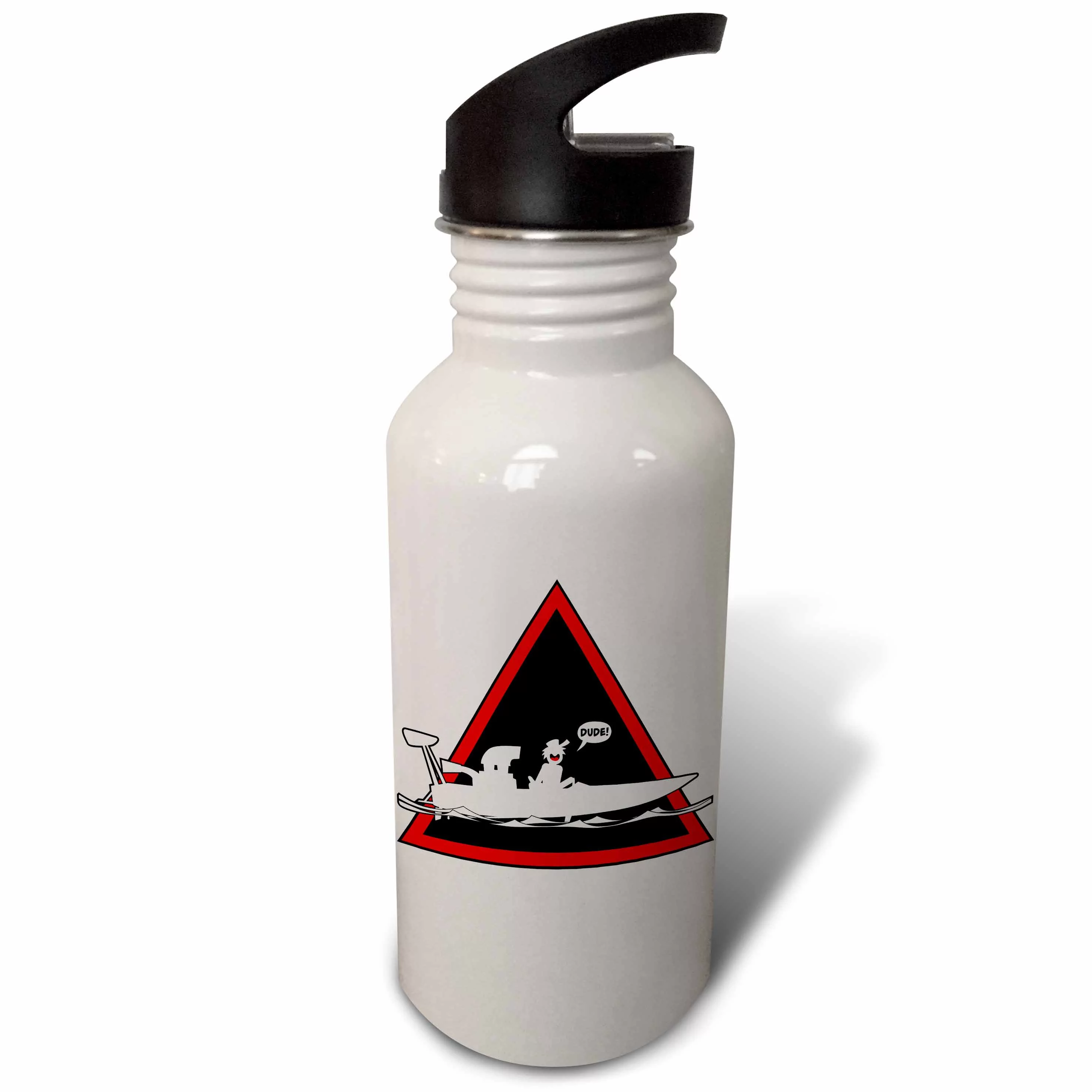 Warning triangle with a stickman racing his drag boat, yelling DUDE 21 oz Sports Water Bottle wb-180561-1
