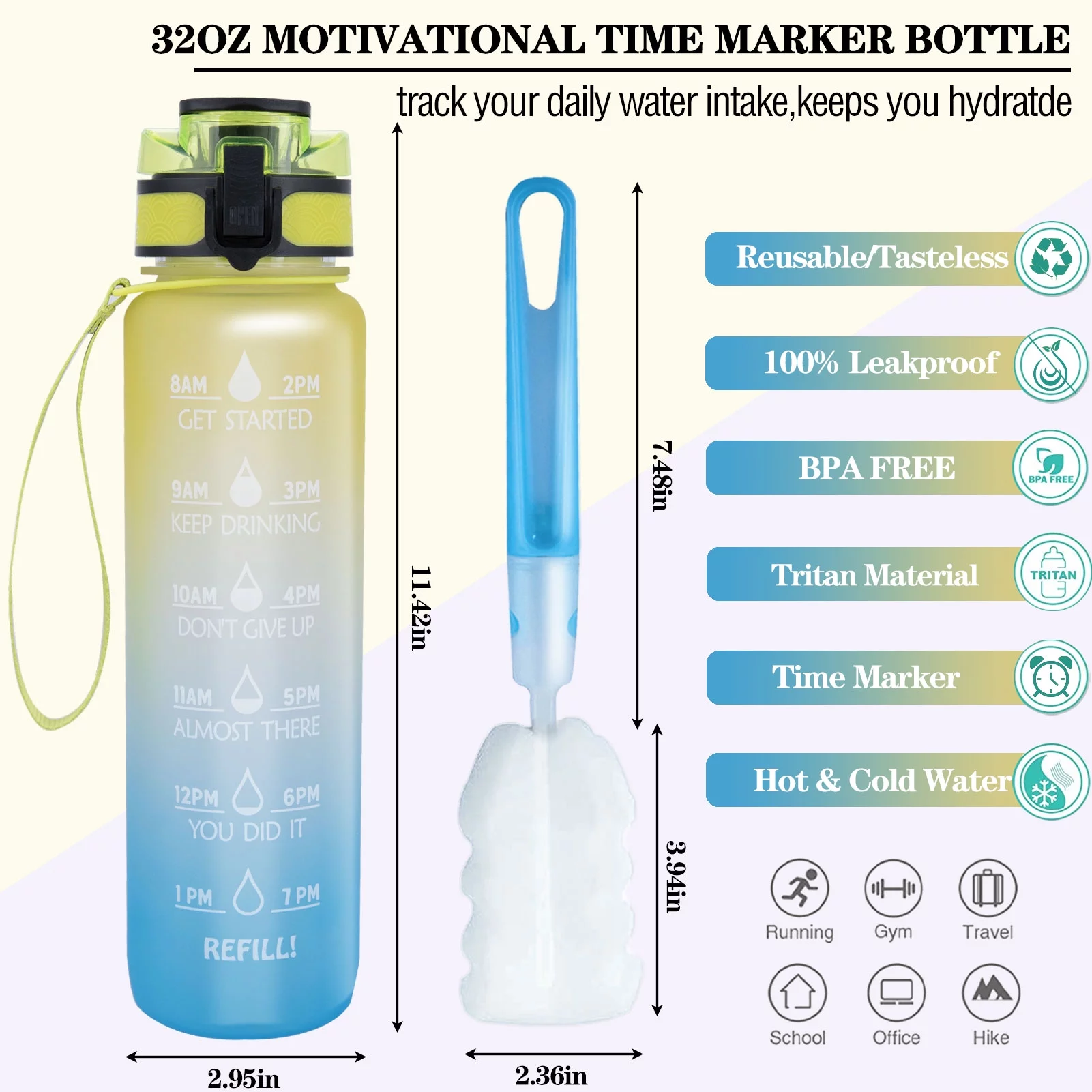 Morttic 32oz Large Water Bottle with Motivational Time Marker & Removable Strainer,Fast Flow BPA Free Non-Toxic for Fitness, Gym and Outdoor Sports