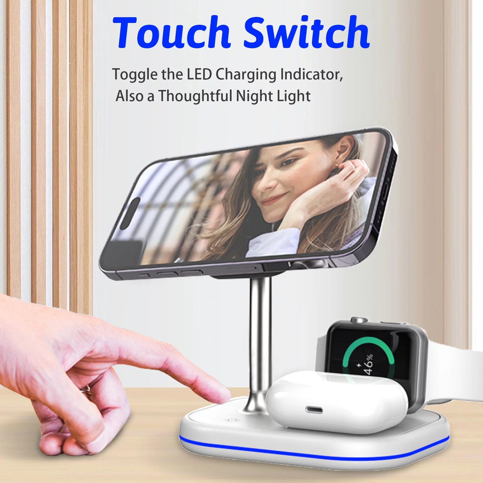 SUPER JOY 3-in-1 Magnetic Wireless Charger, Wireless Charging Station Stand with 18W Adapter for iPhone iWatch AirPods White