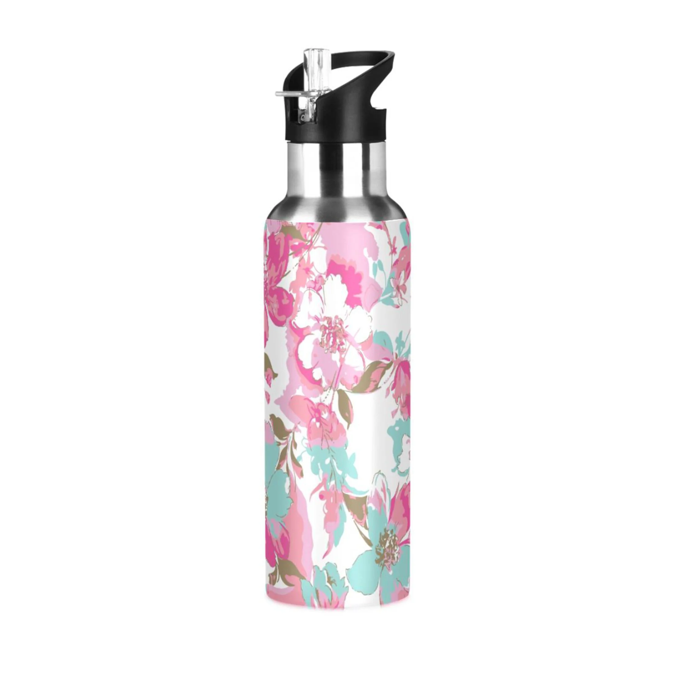 Water Bottle with Straw Lid Leak Colorful Flowers and Leaves Stainless Steel Insulated Thermos Vacuum Flask for Cold Hot Drinking for Sports Camping Gym Yoga