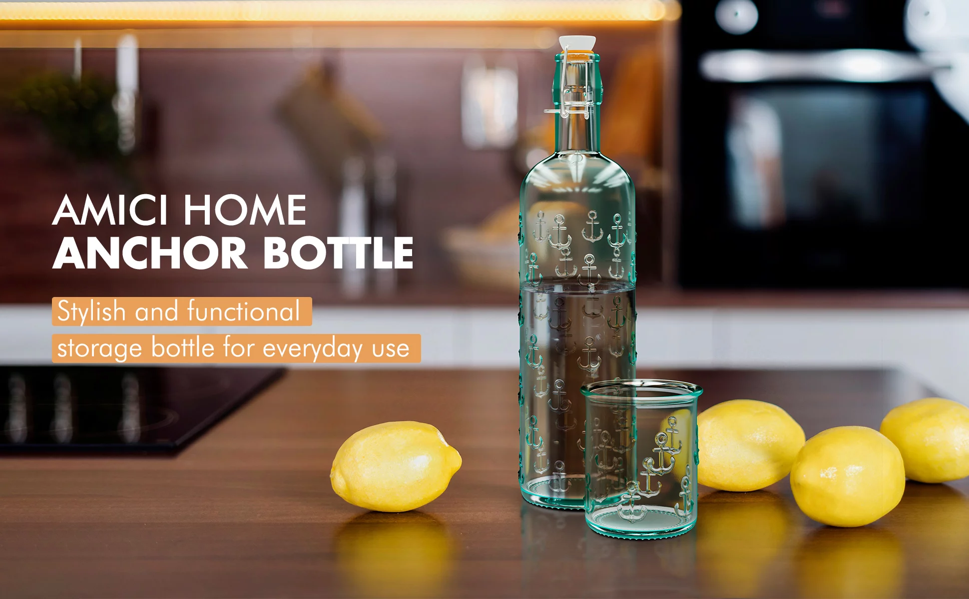 Amici Home Anchor Hermetic Glass Bottle 34 Fluid Ounces, Made in Italy