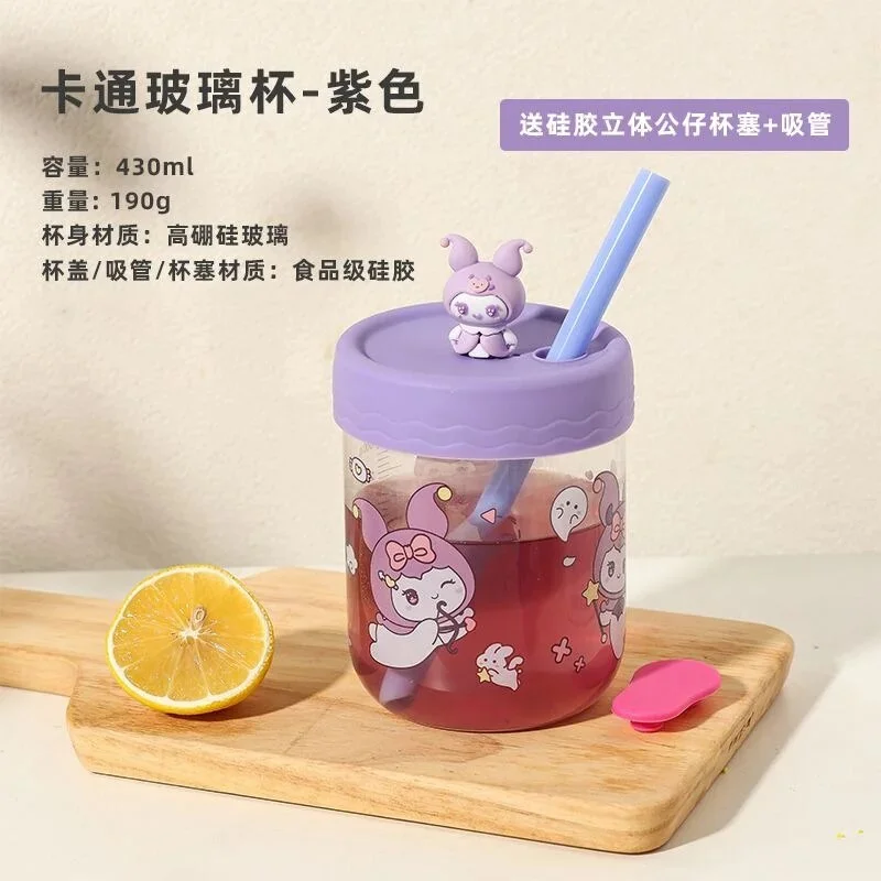 Ins 350ml Kawaii Sanrioed Cinnamoroll Kuromi Water Bottle with Straw Creative Anime Cartoon Girl Coffee Milk Glass Cup Cute Gift