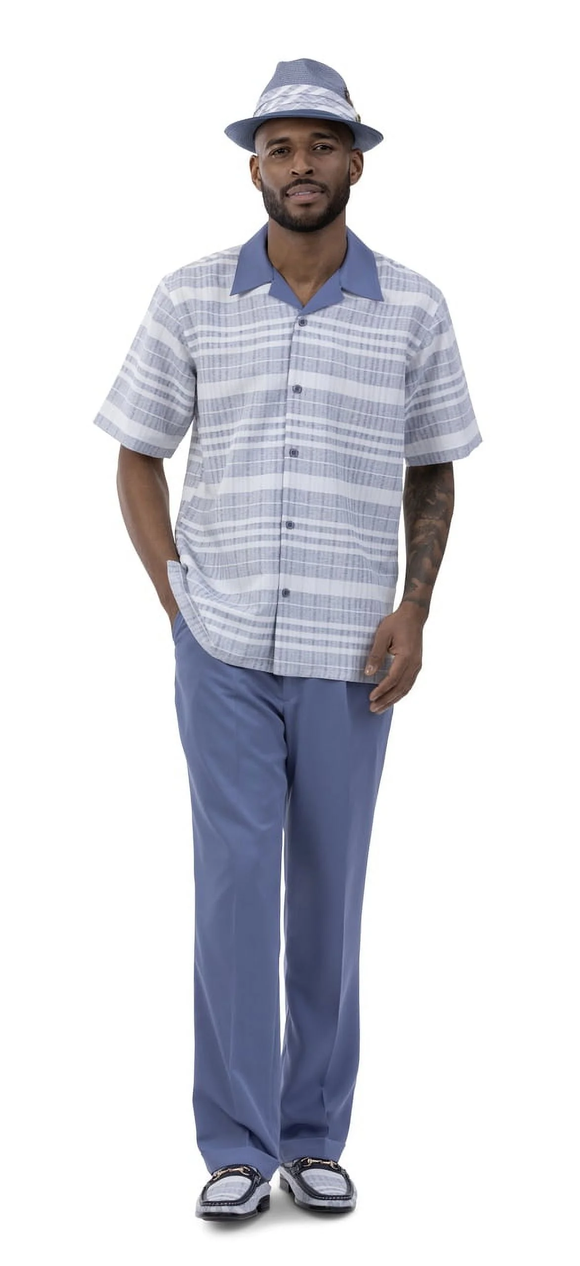 Men's 2 Piece Short Sleeve Walking Suit Striped Pattern in Slate - 2037