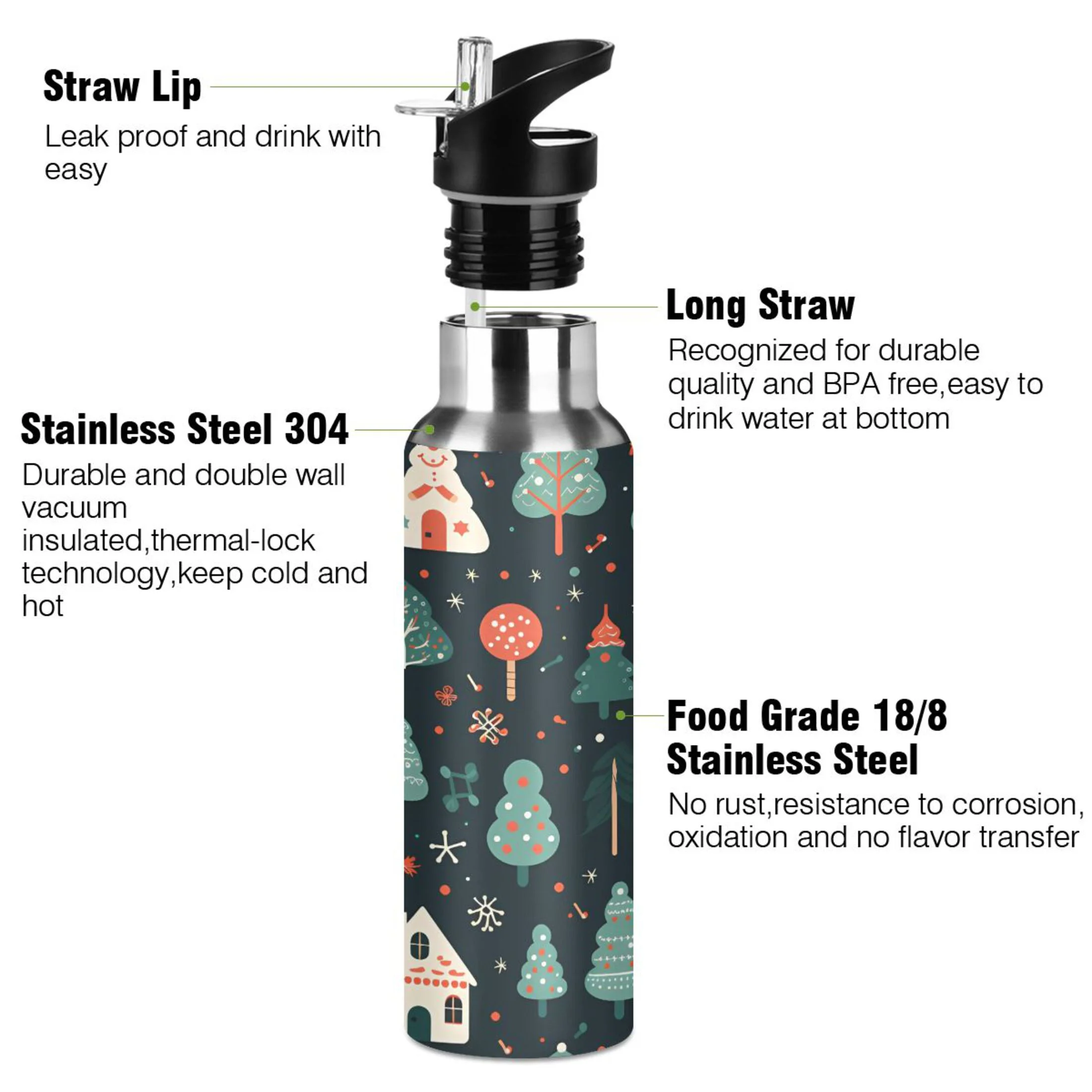 Water Bottle with Straw Lid Leak Trees Cute House Stainless Steel Insulated Thermos Vacuum Flask for Cold Hot Drinking for Sports Camping Gym Yoga