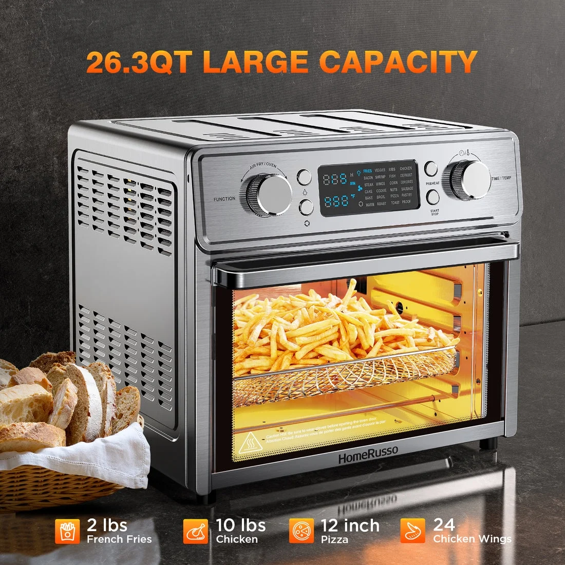 HomeRusso 24-in-1 Air Fryer Oven, 26.3 Quart Large Convection Toaster Oven Countertop Stainless Steel with Rotisserie and Food Dehydrator, 10 Accessories and Recipe Included