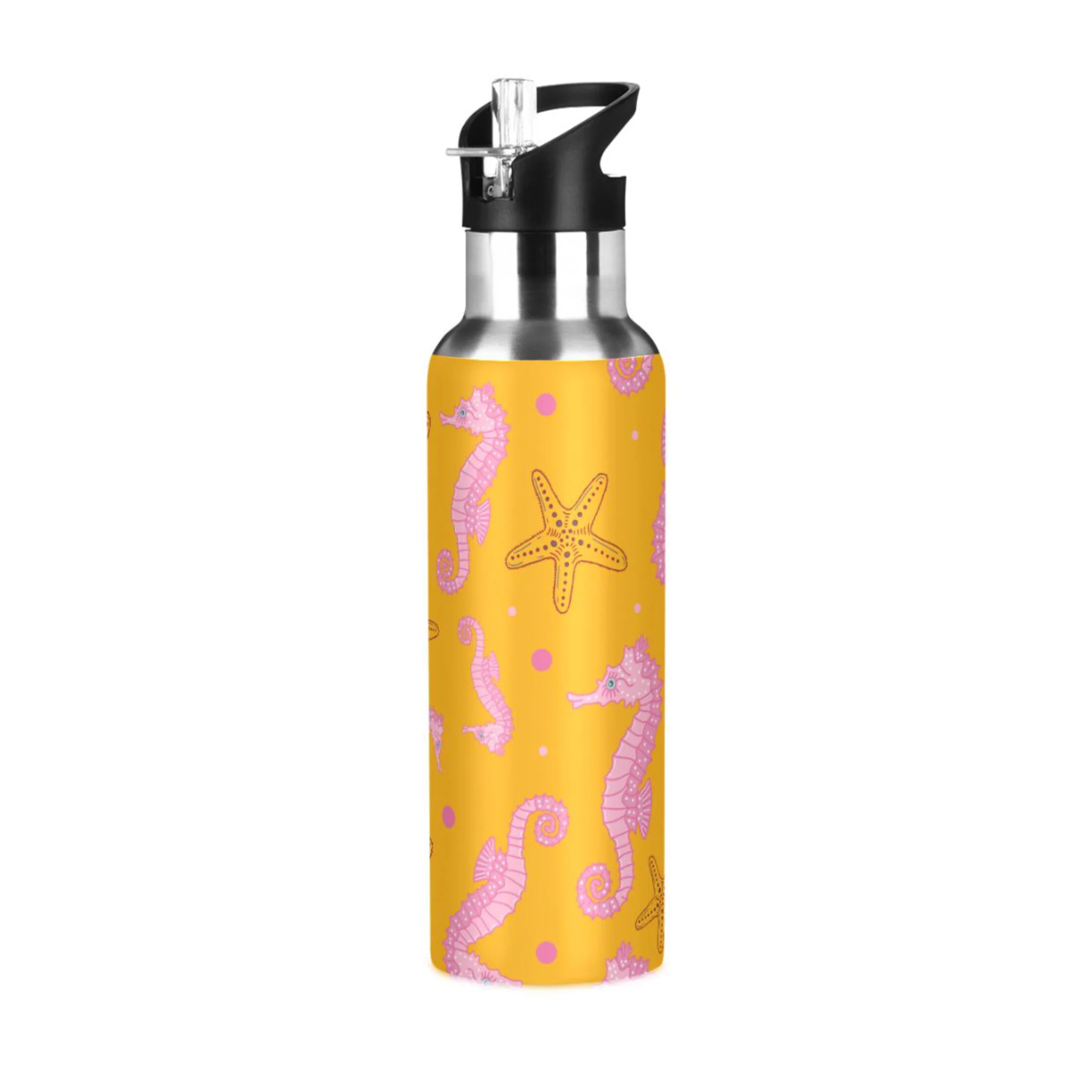 Water Bottle with Straw Lid Leak Seahorse Starfish Polka Dots Stainless Steel Insulated Thermos Vacuum Flask for Cold Hot Drinking for Sports Camping Gym Yoga