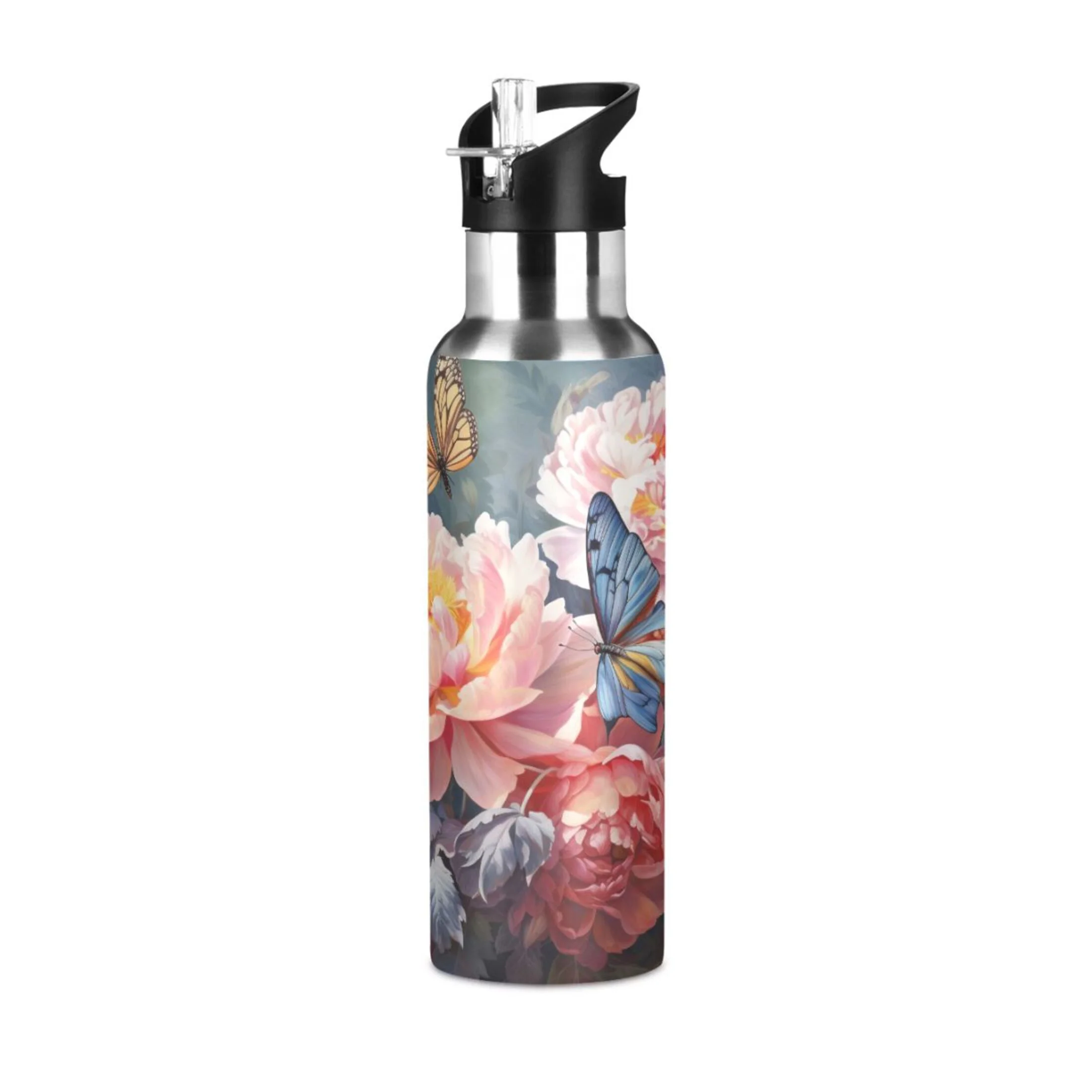 Water Bottle with Straw Lid Leak Flower and Butterflies Stainless Steel Insulated Thermos Vacuum Flask for Cold Hot Drinking for Sports Camping Gym Yoga