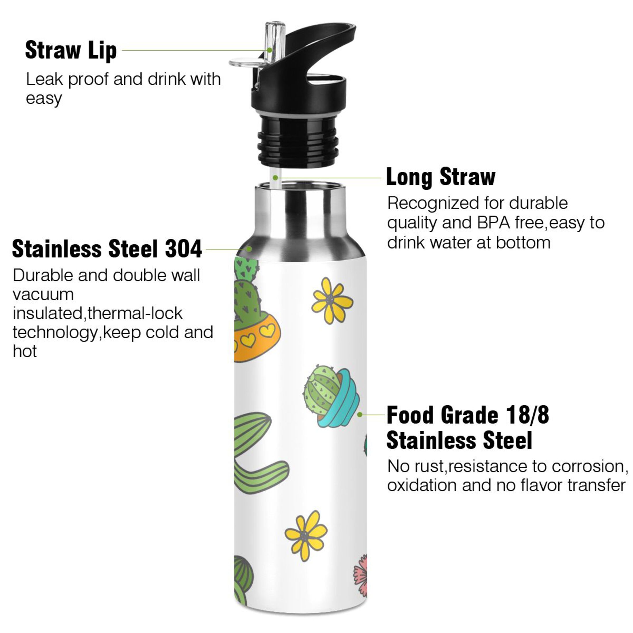 Water Bottle with Straw Lid Leak Cartoon Plant Cactus and Flower Stainless Steel Insulated Thermos Vacuum Flask for Cold Hot Drinking for Sports Camping Gym Yoga