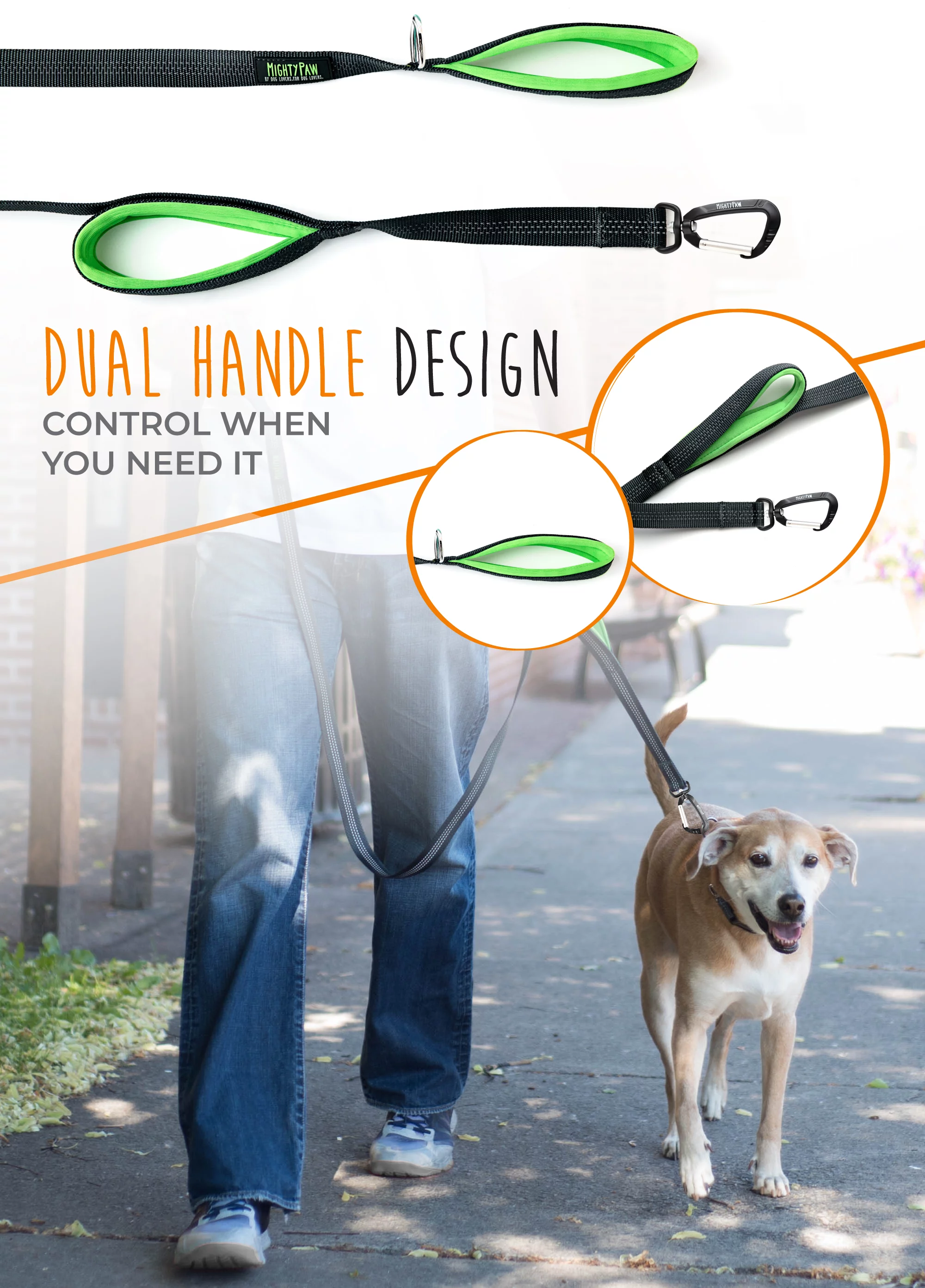 Mighty Paw Dual Handle Dog Leash, 6 foot Dog Lead with Soft Neoprene Handles to Protect Your Hands. Our Reflective Leash allows You to Easily Control Your Pet While Walking (6 Foot, Grey)