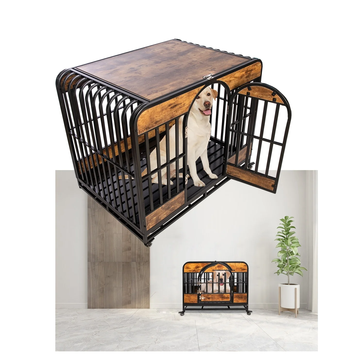 Dog Crate Furniture,46in Dog Kennel with Pull-Out Tray and Lockable Omni-Directional Wheels, Hard Steel Pipe and Heavy Duty Wooden Panel