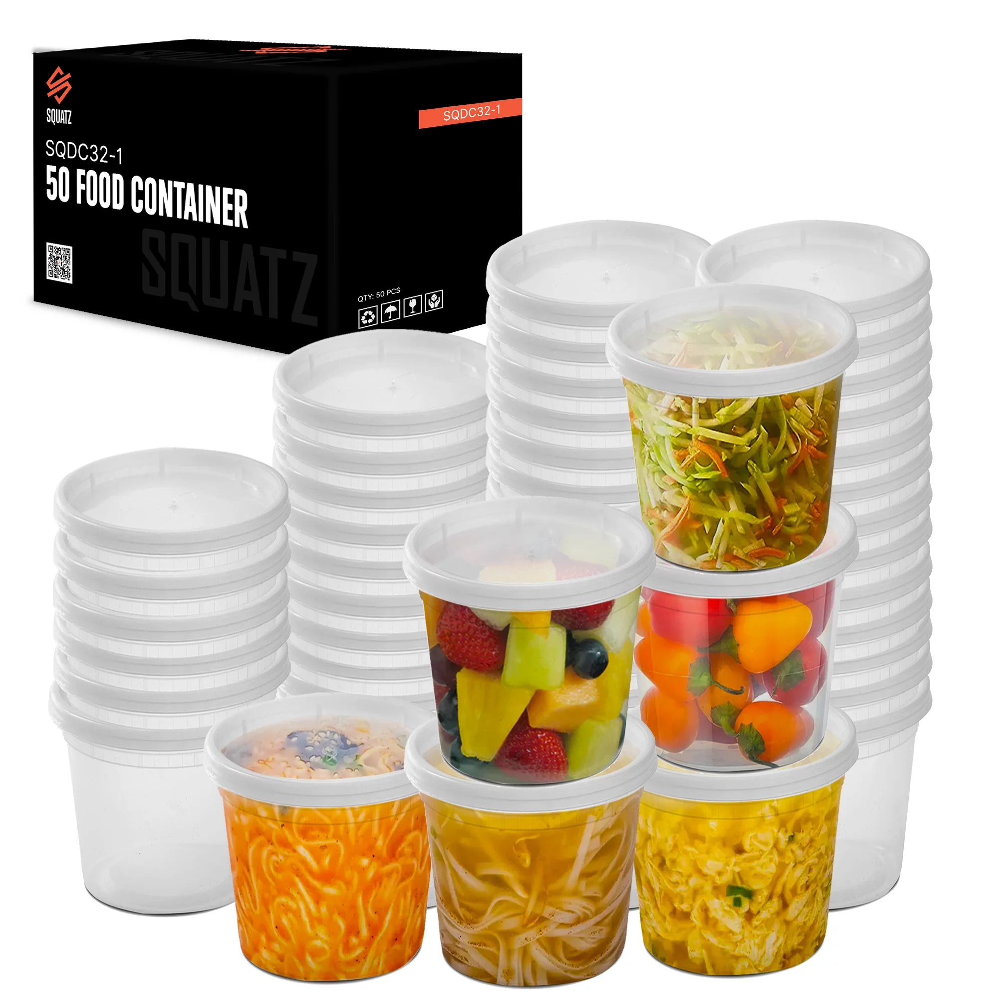 Squatz 2 Pounds 50 Microwavable Food Container - 32oz Translucent Meal Box Storage with Lids, Clear