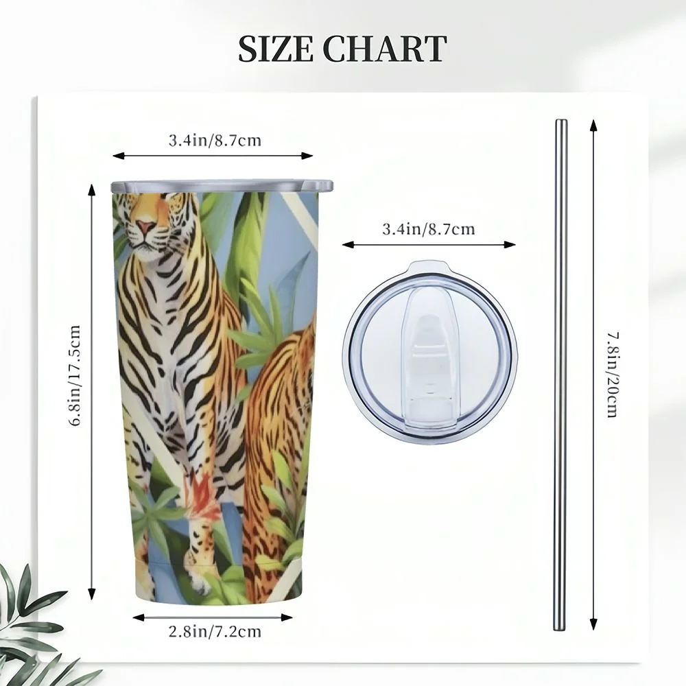 Shangniulu Tiger Leopard Tropical Leaves Funny Tumbler Stainless Steel Coffee Mug Insulated Travel Car Cup with Straw and Lid Water Bottle 20 Oz