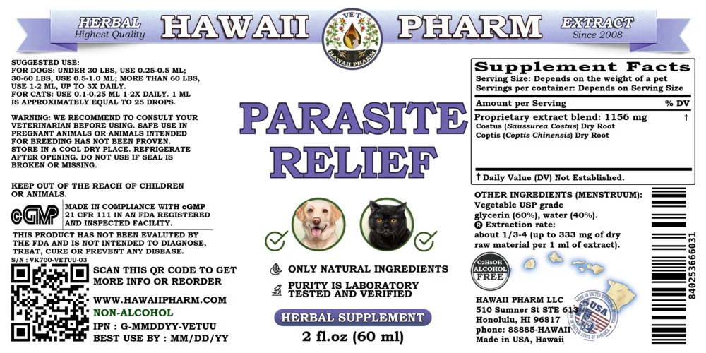 Parasite Relief Natural Alcohol-FREE Liquid Extract, Pet Herbal Supplement. Expertly Extracted by Trusted HawaiiPharm Brand. Absolutely Natural. Proudly made in USA. Glycerite 2 Fl.Oz