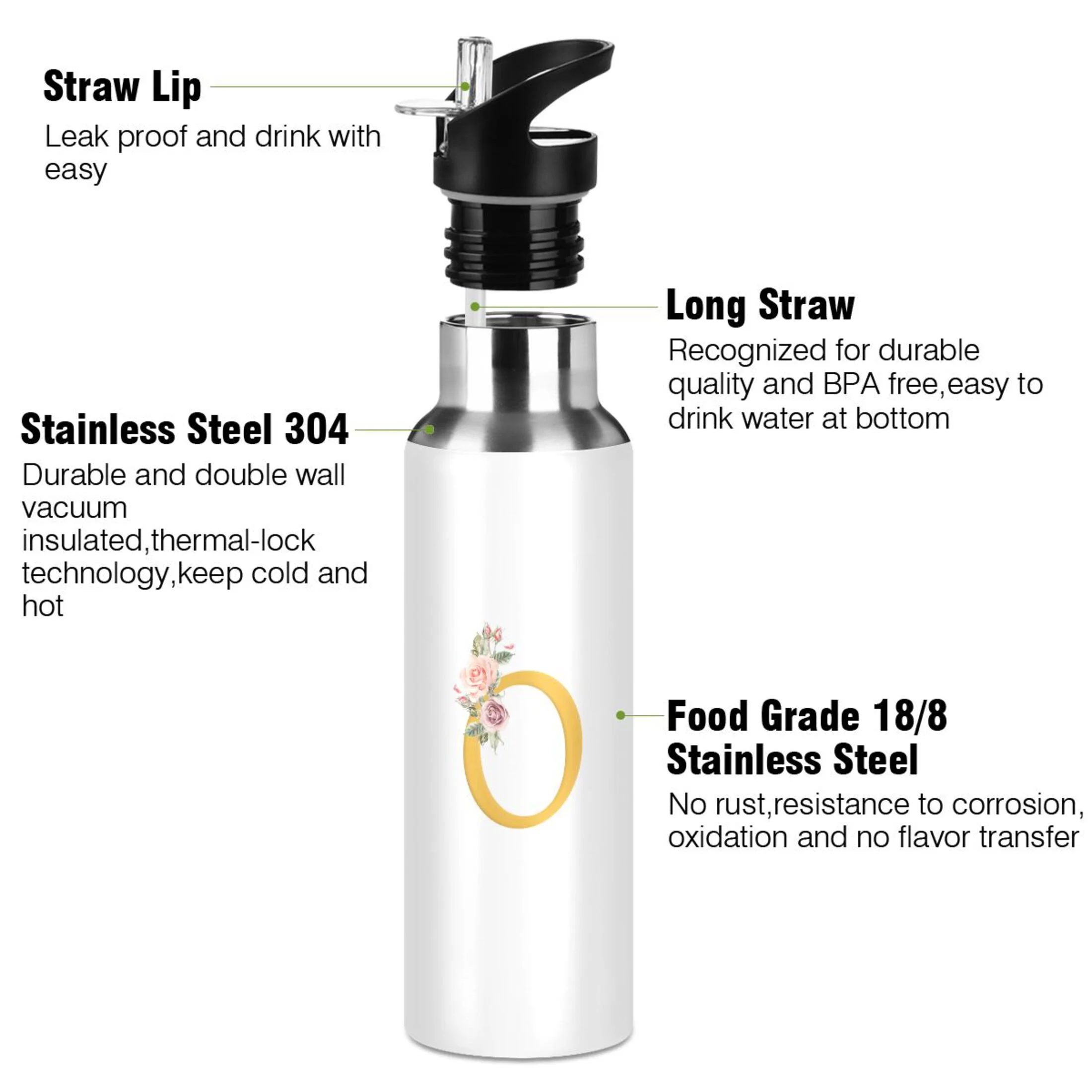 Water Bottle with Straw Lid Leak O Stainless Steel Insulated Thermos Vacuum Flask for Cold Hot Drinking for Sports Camping Gym Yoga