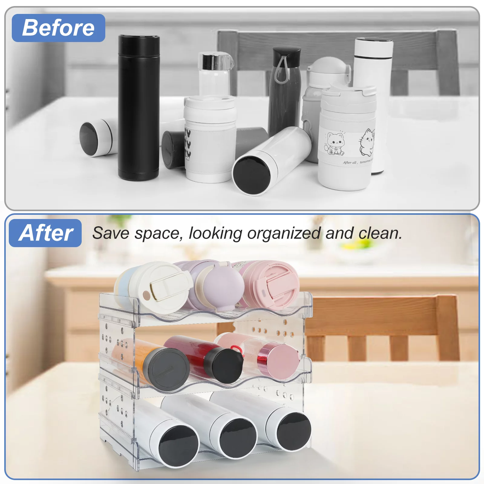 Water Bottle Organizer, Plastic Bottle Organizer for Cabinet, Bottle Rack for Fridge Kitchen Cabinet Organizer and Storage, Cabinet Organizer (3 Pack, 9 Bottles)