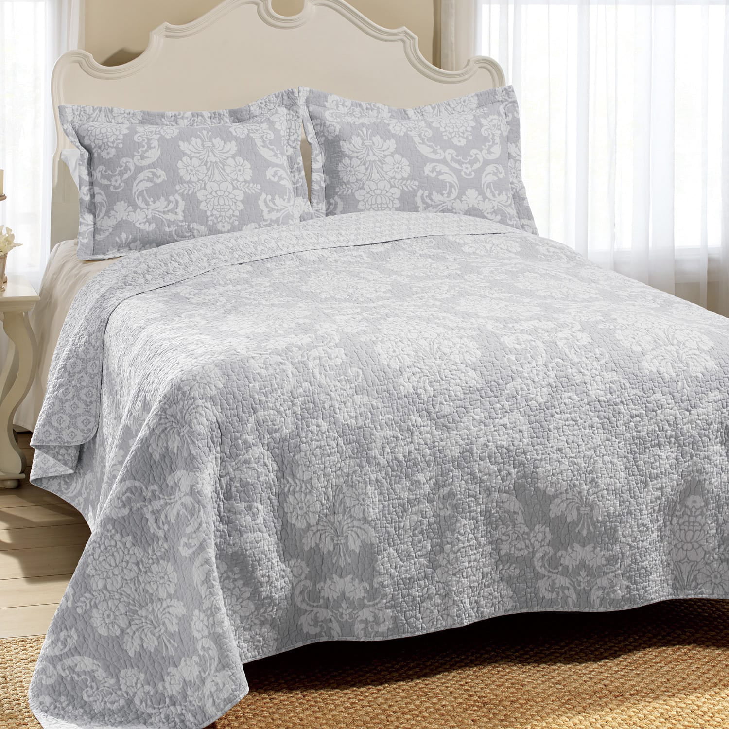 Laura Ashley  Venetia Grey Reversible Cotton 3-piece Quilt Set