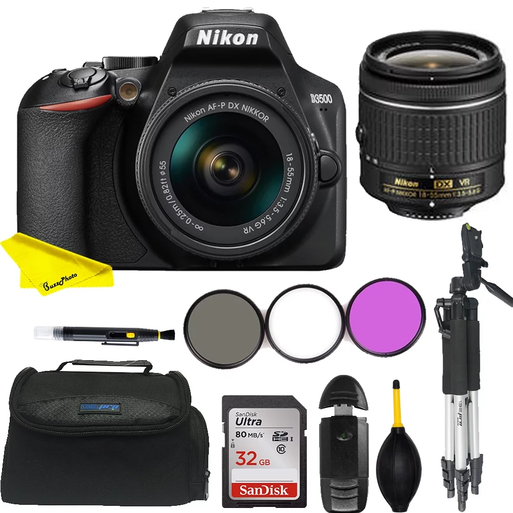 Nikon D3500 DSLR Camera with 18-55mm lens+Buzz-Photo accessories With 32GB memory Card
