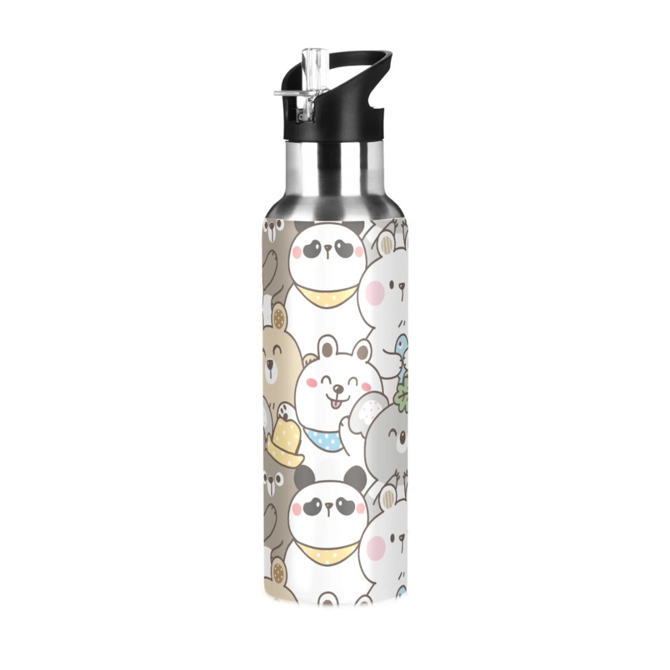 Water Bottle with Straw Lid Leak Cartoon Bear Panda and Koala Stainless Steel Insulated Thermos Vacuum Flask for Cold Hot Drinking for Sports Camping Gym Yoga