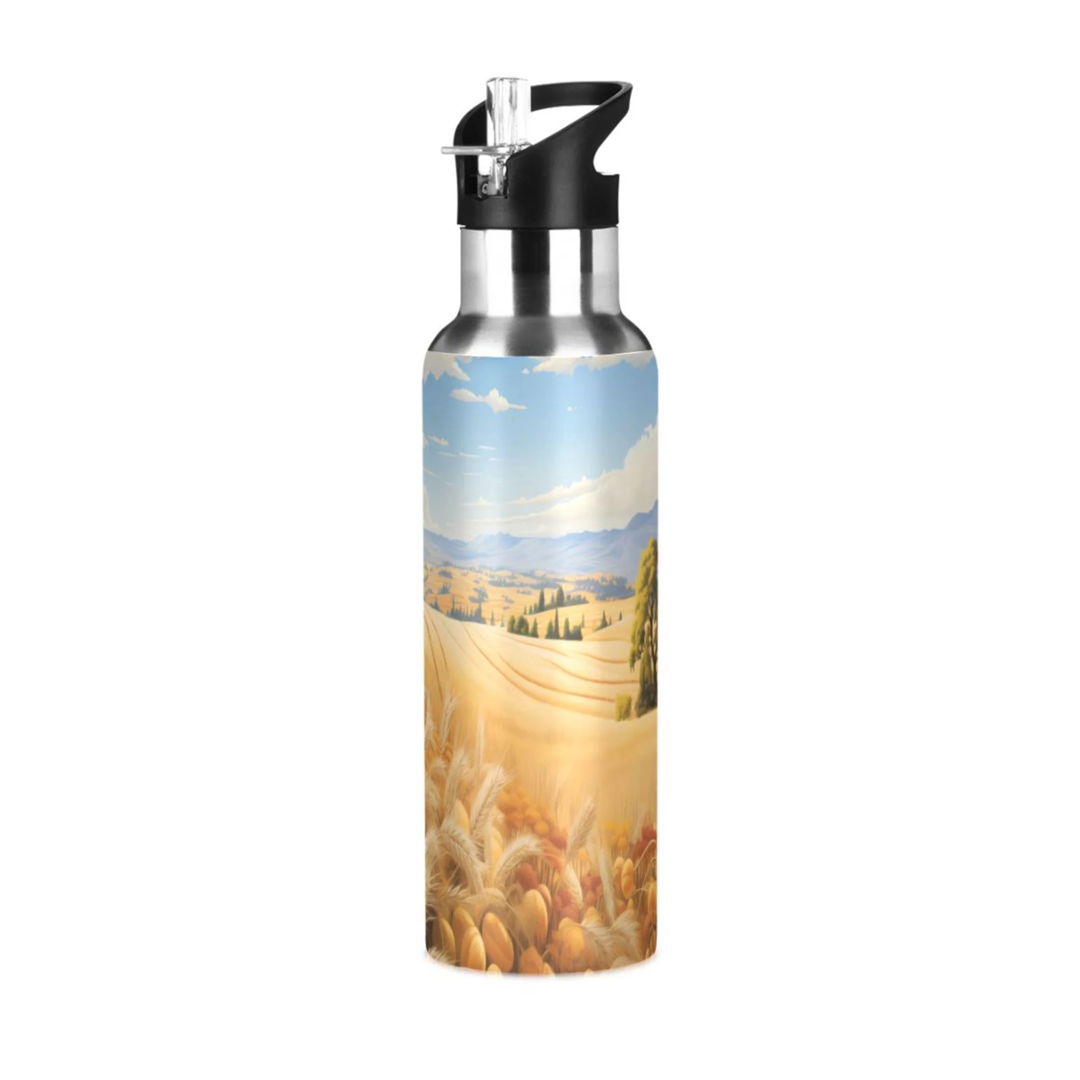 Water Bottle with Straw Lid Leak Fields Stainless Steel Insulated Thermos Vacuum Flask for Cold Hot Drinking for Sports Camping Gym Yoga