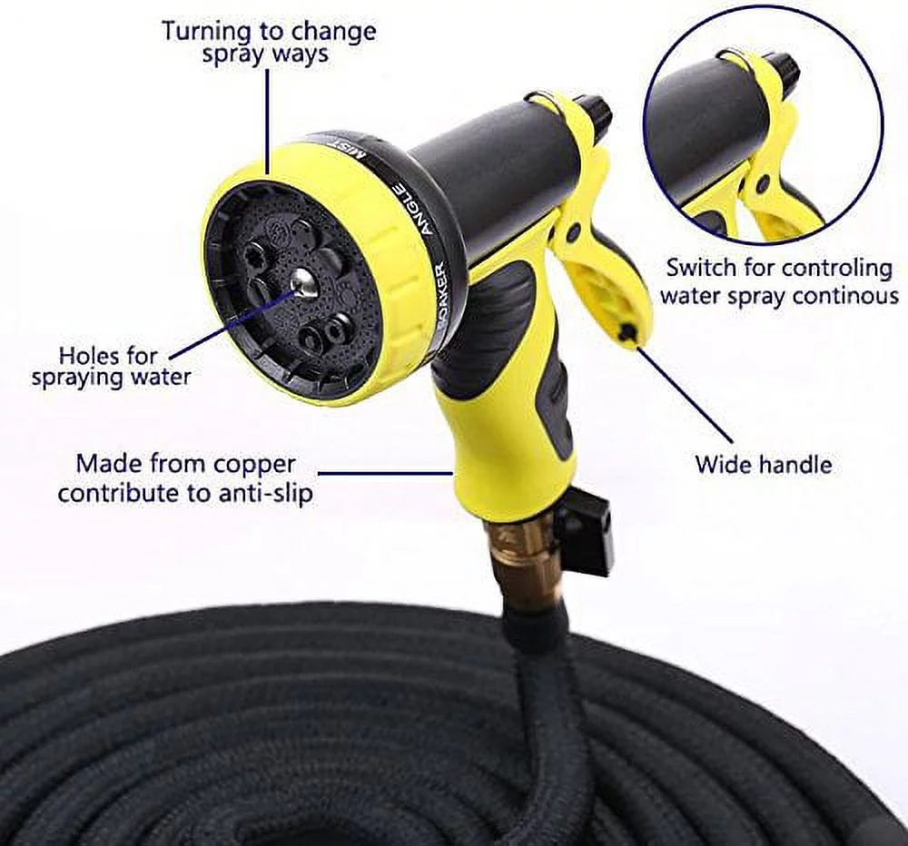 SOGA 50 Ft Expandable Garden Hose with Spray Nozzle 9 Switch Patterns of Watering Hose, Garden Wash Hose, Car Wash, Latex Tube Pipe Solid Brass Durable, Pet Showering Wash Include Hanger - Black