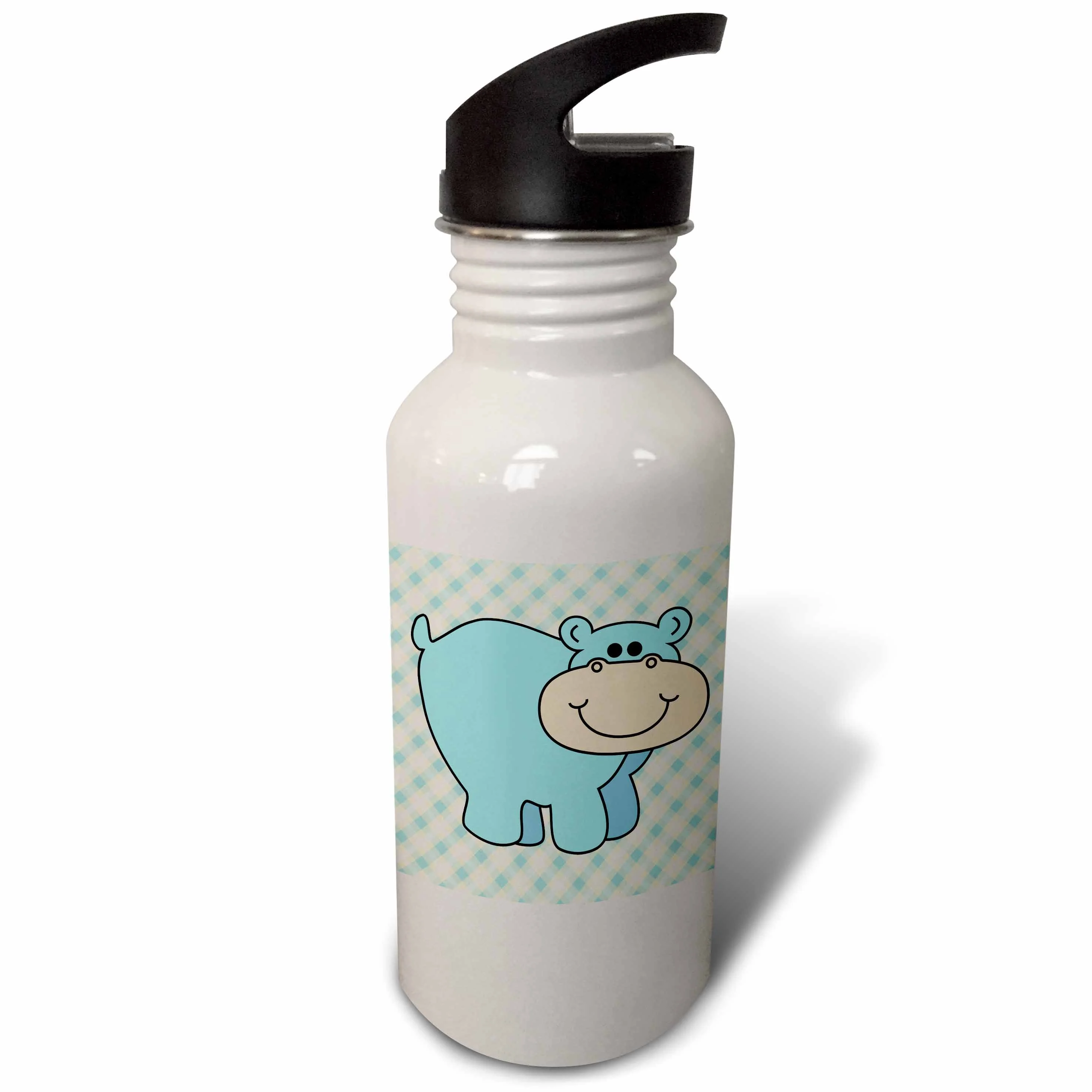 Cute LIttle Baby Light Blue Hippo Hippopotamus Cartoon Gingham Plaid Background 21 oz Sports Water Bottle wb-116347-1