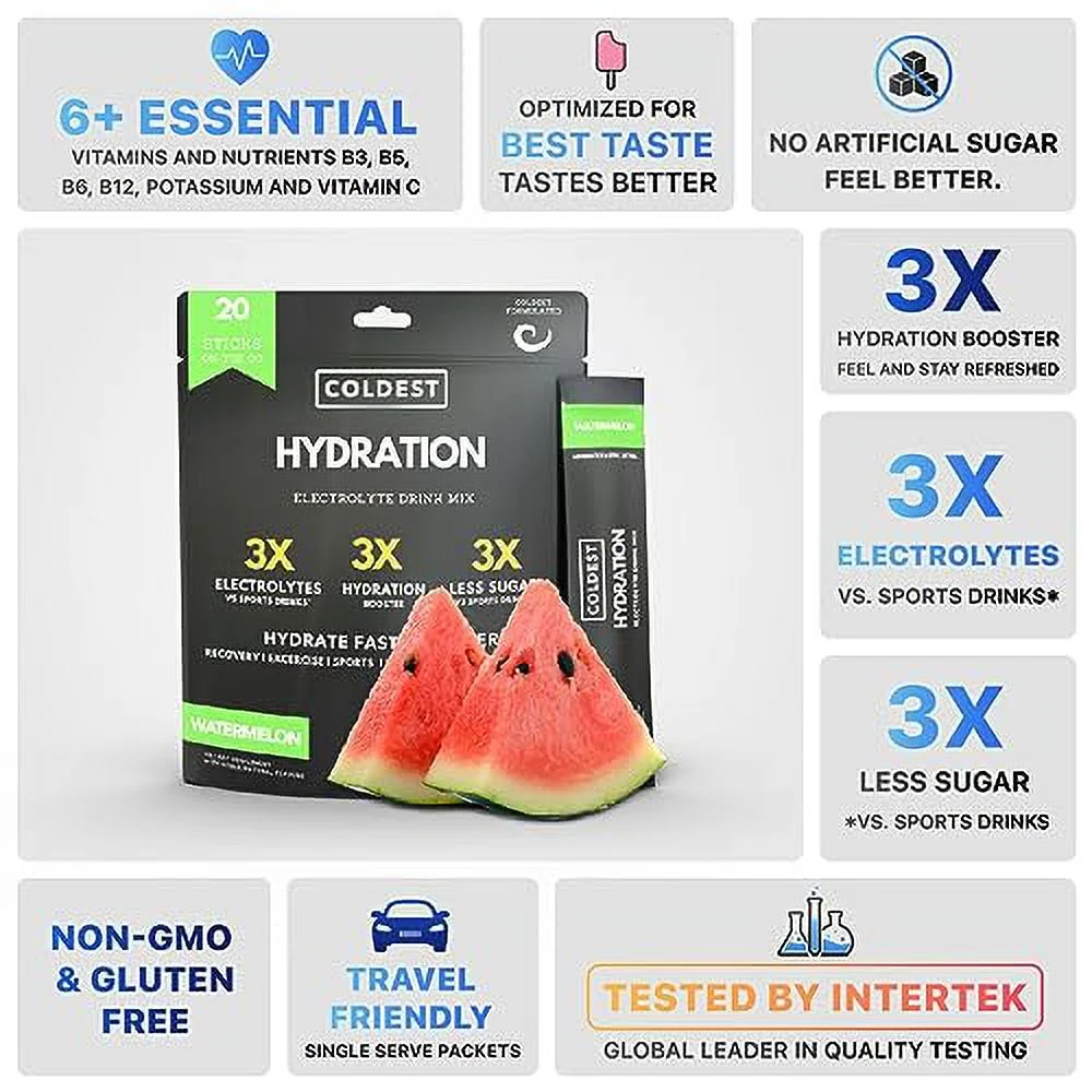 Coldest Hydration - Electrolytes Powder Packets - Non GMO & No Artificial Sugar - Electrolyte Drink Mix - Easy Open Single-Serving Stick Drop in Water - 20 Sticks per Pack (Watermelon)