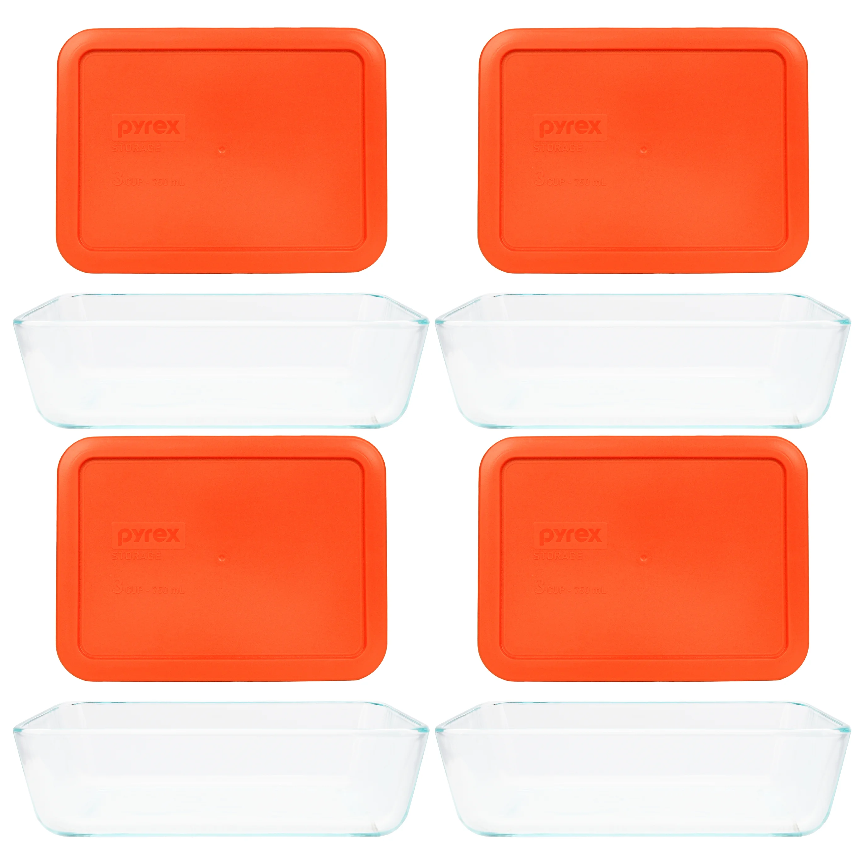 Pyrex 7210 3-Cup Glass Dish and 7210-PC 3-Cup Pumpkin Orange Lid (4-Pack)