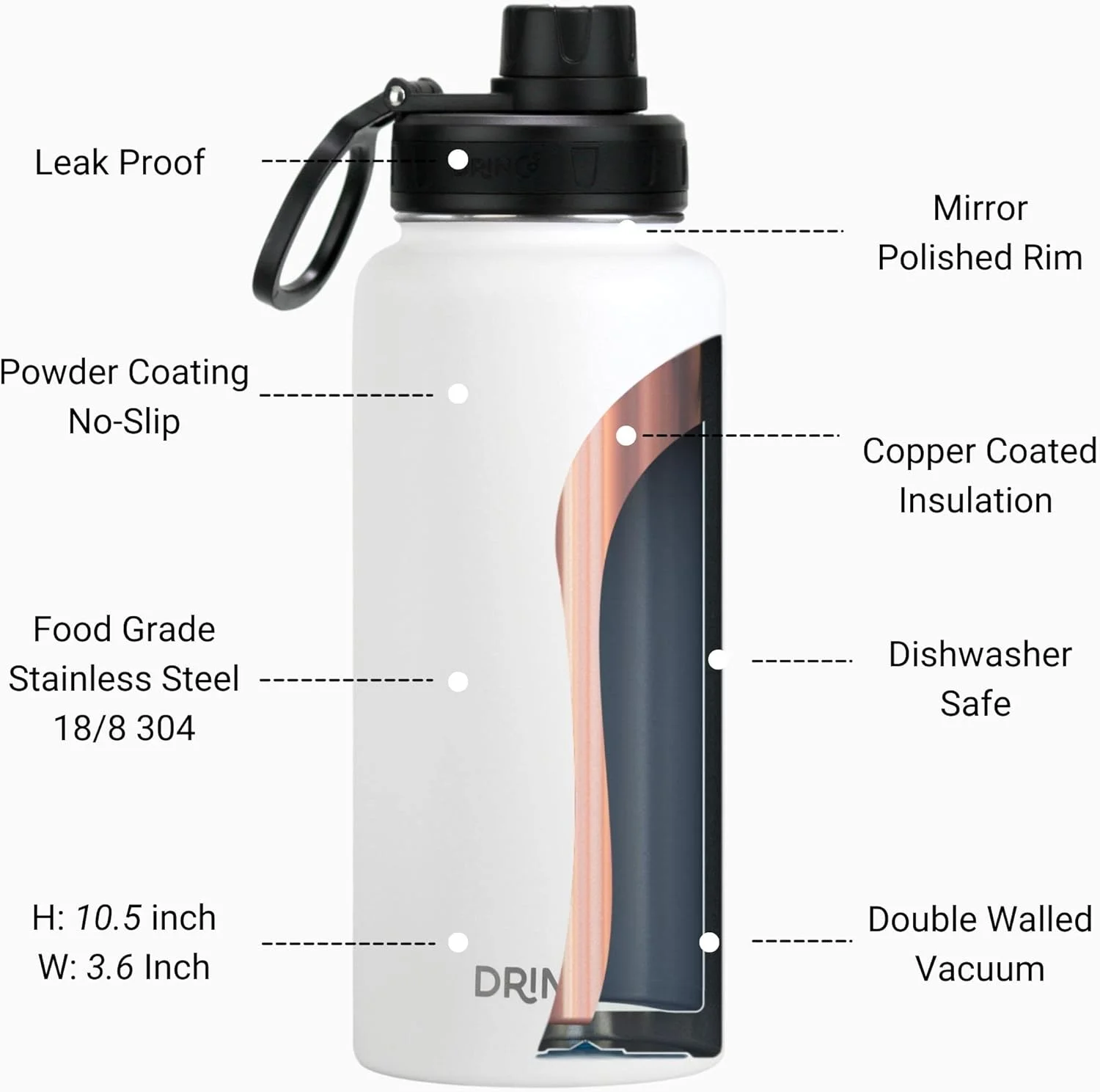 DRINCO Water Bottle Vacuum Insulated Stainless Steel Double Wall-USA Flag-32oz Artic White