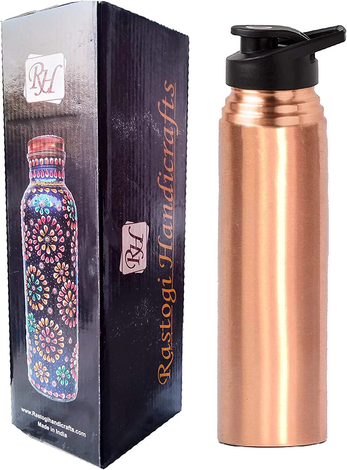Rastogi Handicrafts Copper water bottle joint free leak proof 900 ml Pure Copper - Solid Copper Yoga Health Benefit