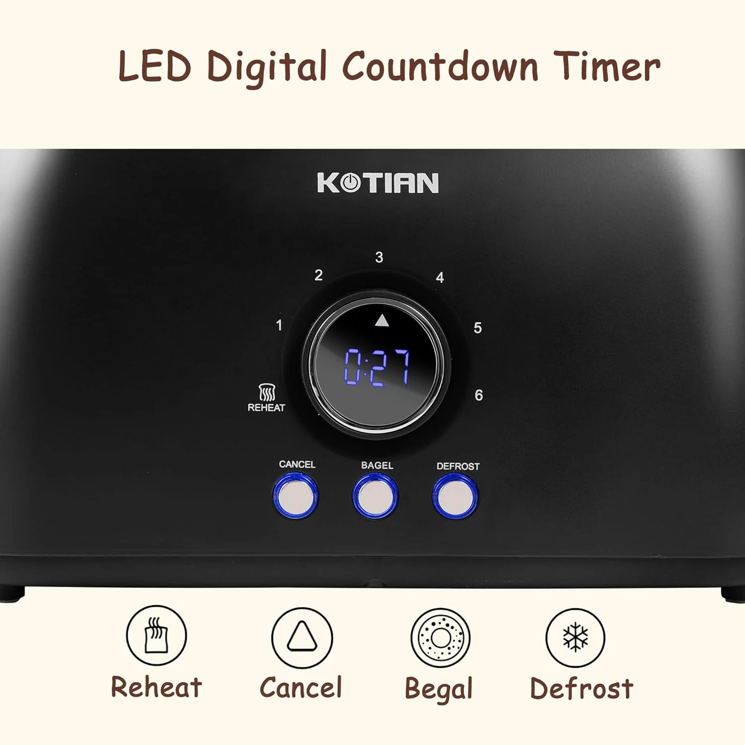 4 Slice, Retro Long Slot Toasters with Countdown Timer,Stainless Steel Toaster,Bagel,Defrost,Reheat,Cancel Functions,Extra Wide Slots,6 Toast Settings,Removable Crumbs Tray,Matte black