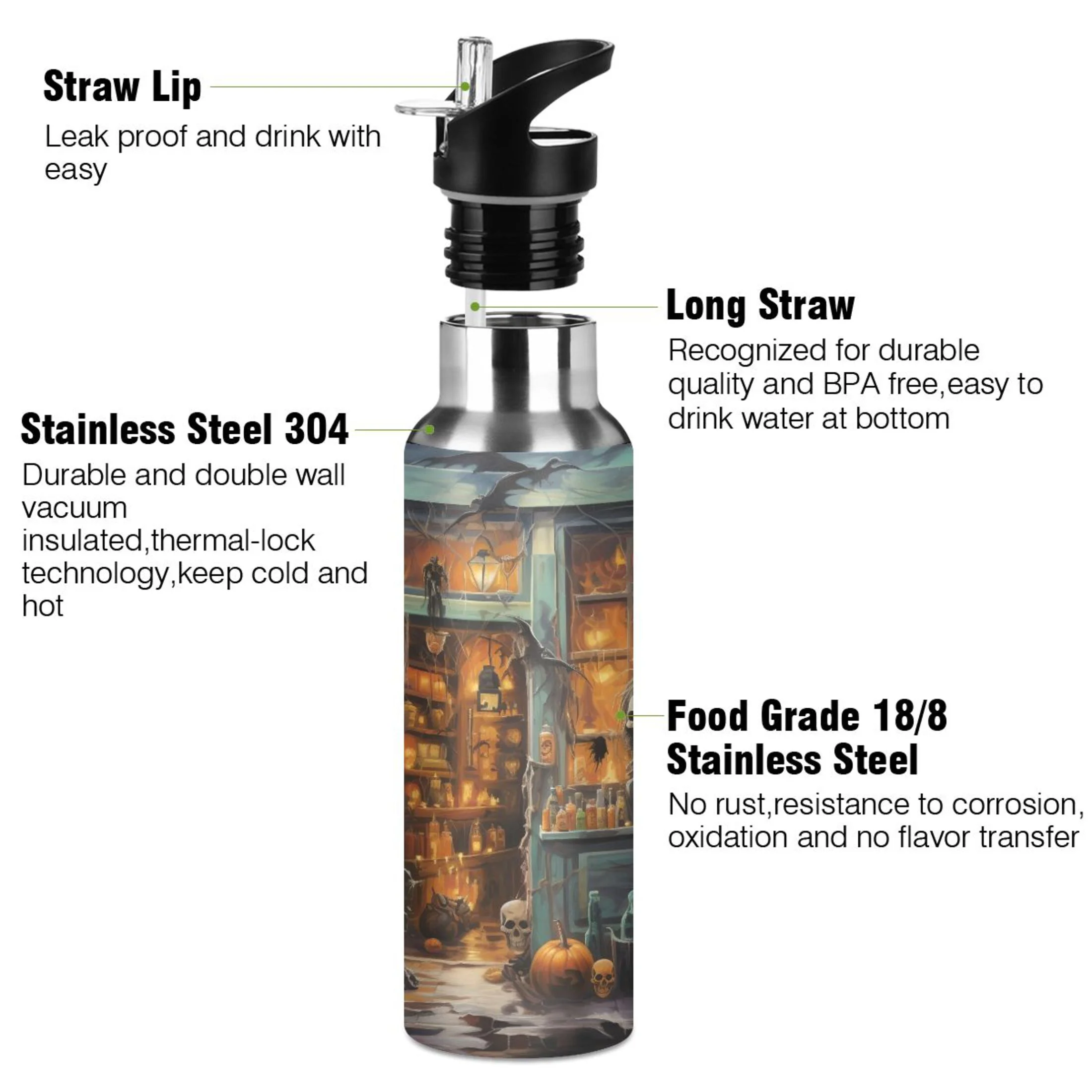 Water Bottle with Straw Lid Leak Halloween Skeleton and Pumpkins Stainless Steel Insulated Thermos Vacuum Flask for Cold Hot Drinking for Sports Camping Gym Yoga