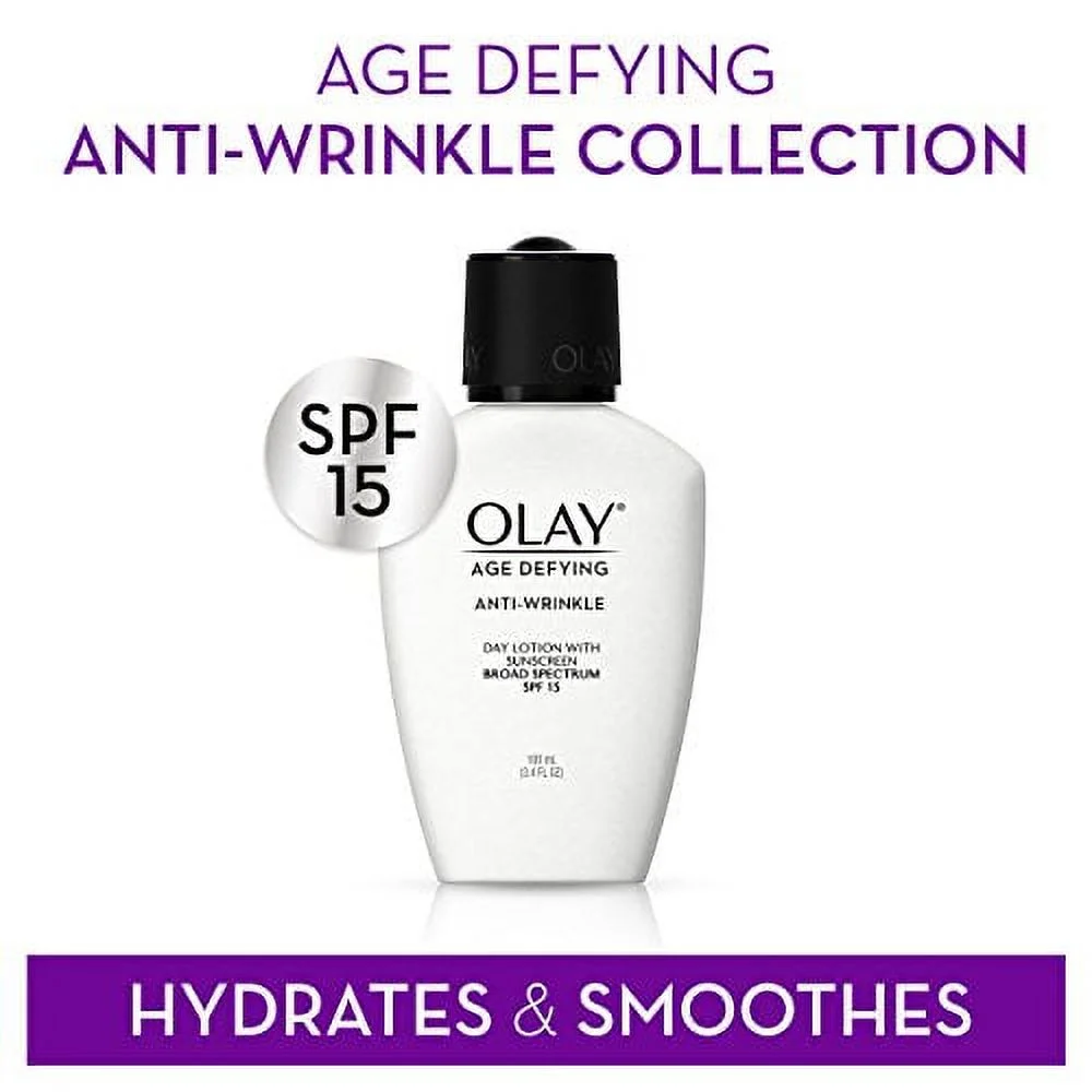Olay Face Moisturizer Age Defying, Anti-Wrinkle Day Lotion with Sunscreen, Broad Spectrum , SPF 15, 3.4 Oz. (Pack of 3) Packaging may Vary
