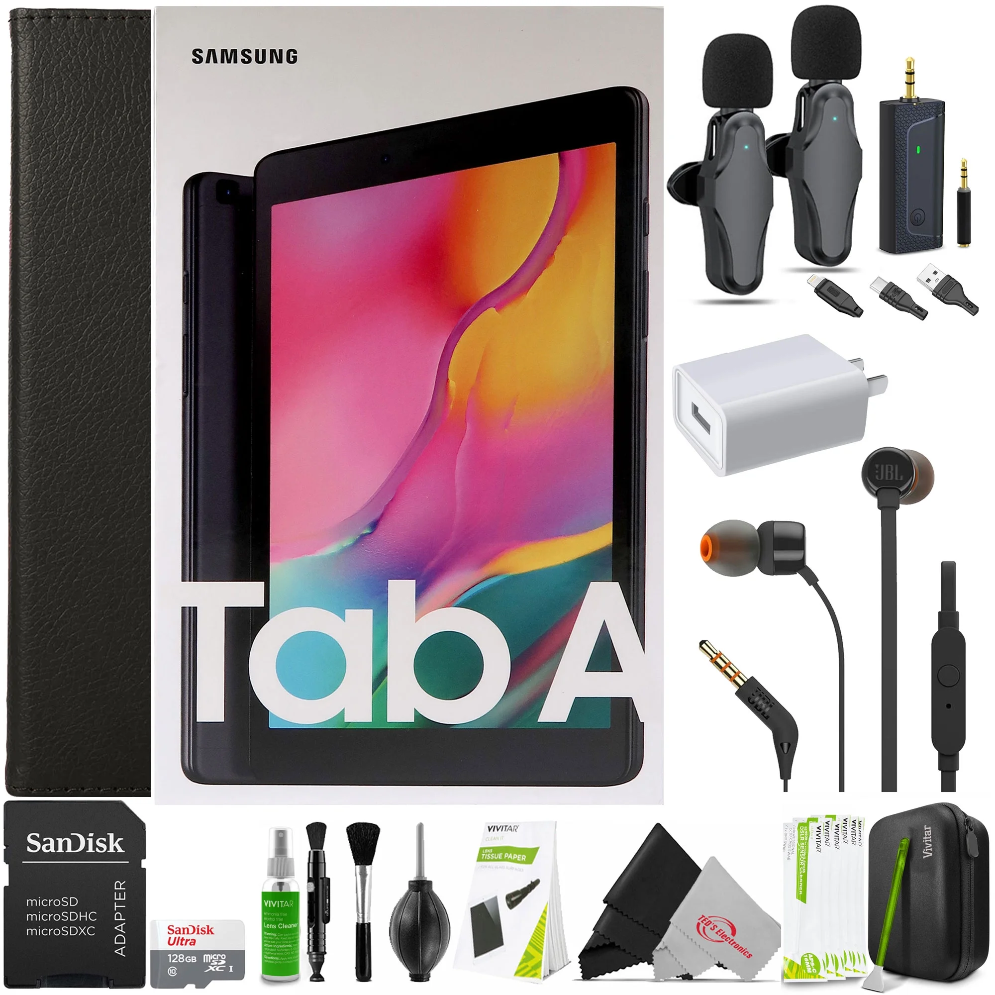 Leather Case Cover for Samsung A T295 with 360° Swivel Feature + Wireless Lavalier Microphone Kit