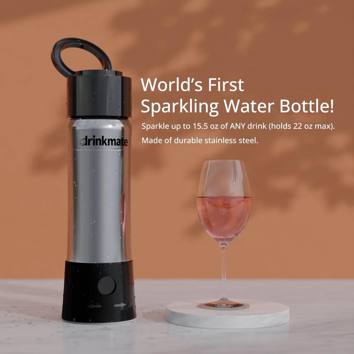 DrinkMate instaFizz Carbonating Water Bottle - Sparkles ANY Drink On the Go - 21oz Stainless Steel, BPA-Free, Wide Mouth, With Insulating Sleeve and Ten 8g CO2 Chargers (Black)
