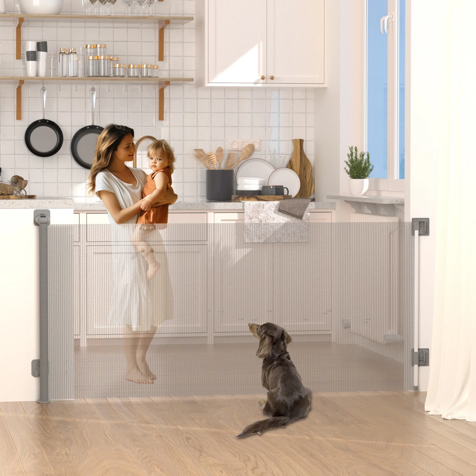 KORIMEFA Retractable Baby Gates for Doorway, Punch-Free Install Extra Wide 55” x 33” Tall for Kids/Child or Pets Indoor and Outdoor Dog Gates for Doorways, Stairs, Hallways