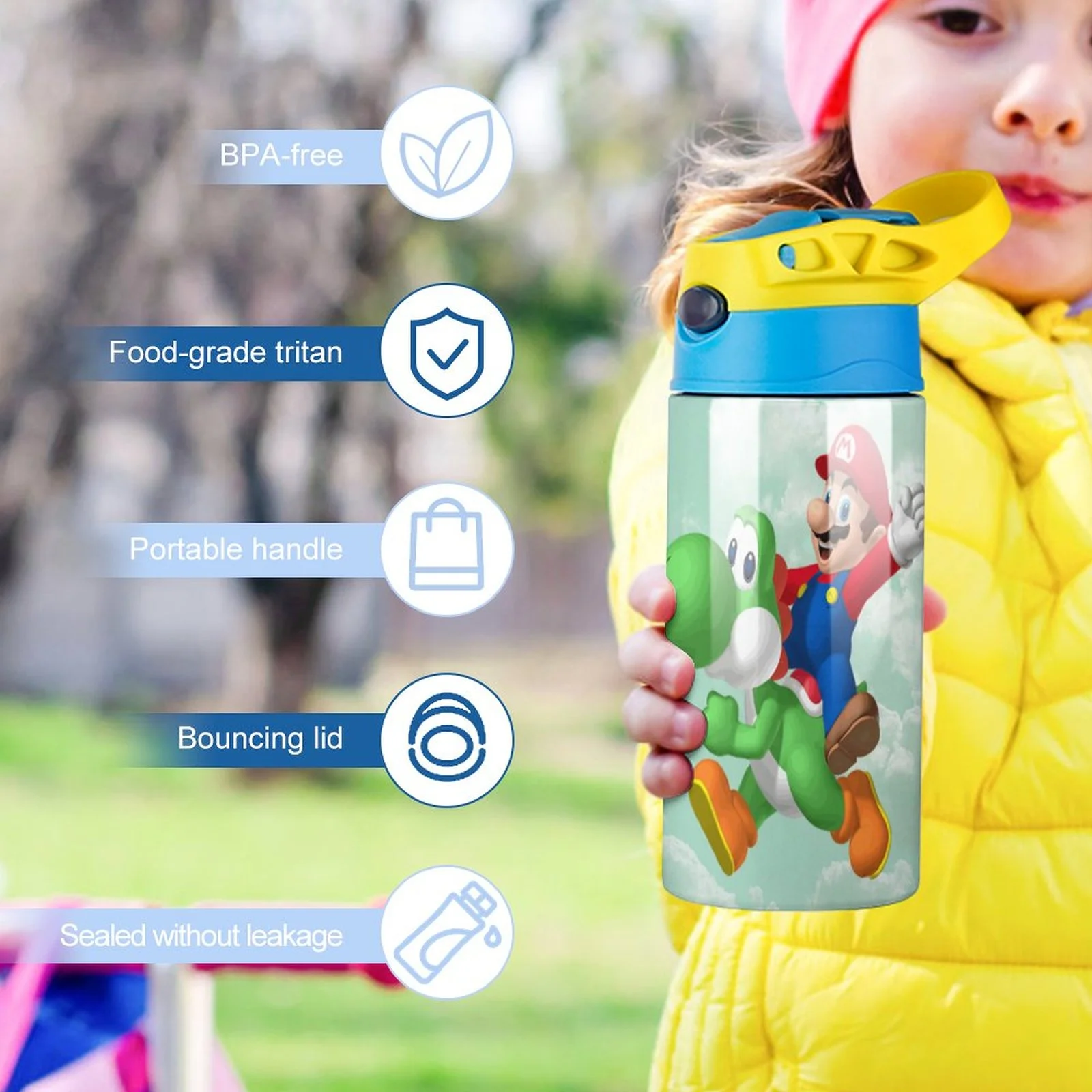 Cartoon Super Mario Kid's Insulated Water Bottle With Straw Vacuum Stainless Steel Cup Leak-Proof Children Toddler Thermoses