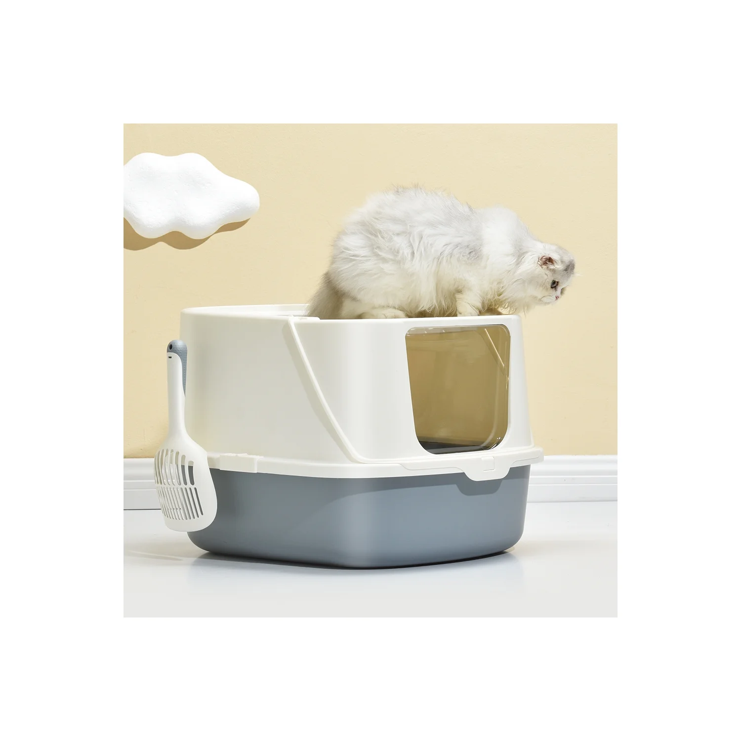 HANAMYA Flip-Top Jumbo Cat Litter Box with Scoop, Front Entry and Top Exit, White&Gray