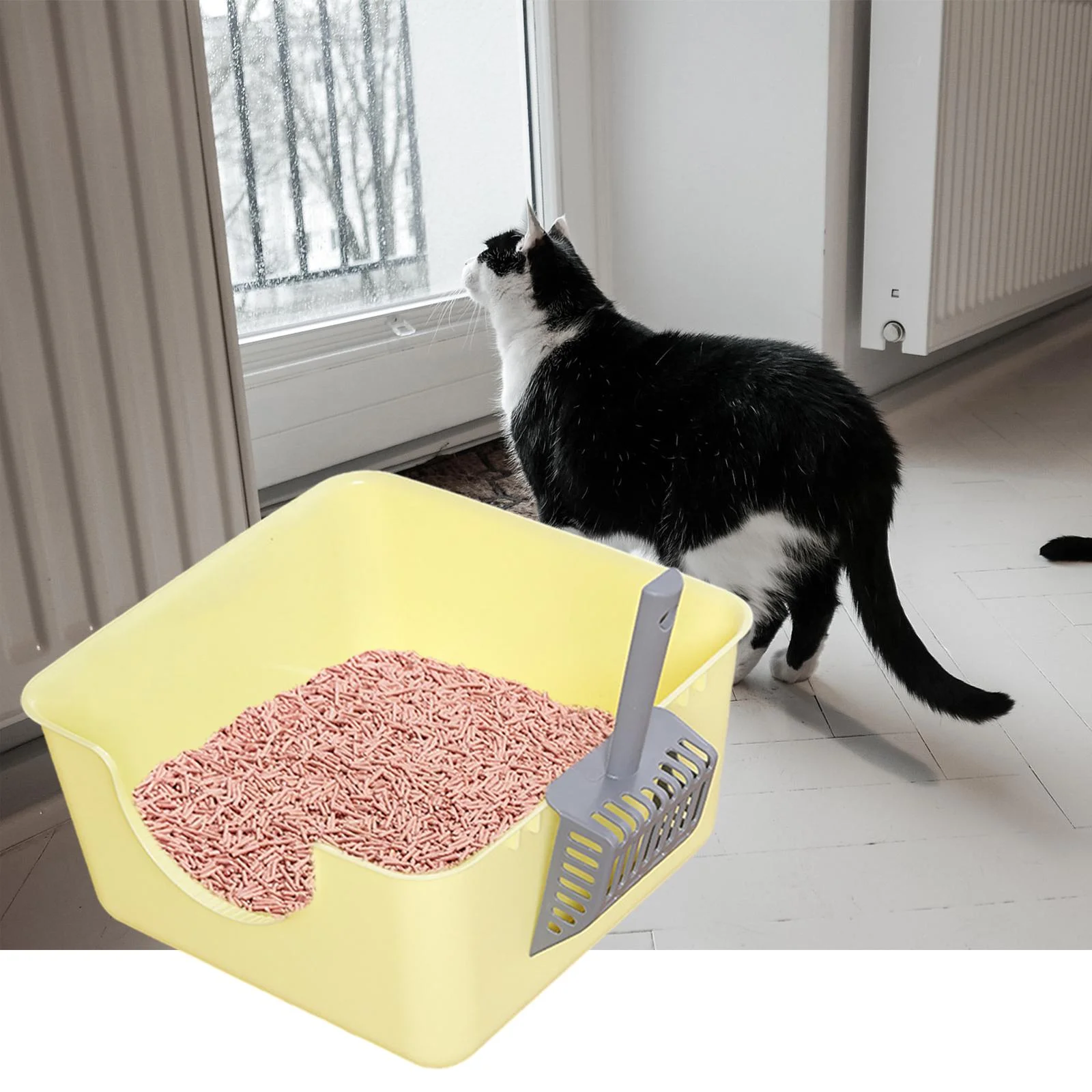 DOLITY Open Litter Box Kitty Litter Pan Durable Easy to Cleaning U Shape Lowered Front yellow