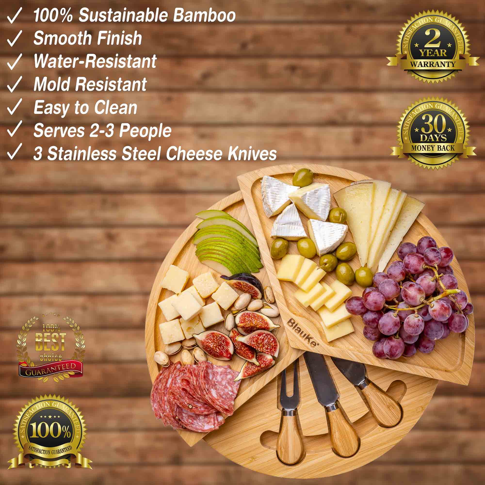 BlauKe® Bamboo Cheese Board and Knife Set – 14 inch Round Charcuterie Board, Serving Tray, Platter, Wood Cheese Board Set with Slide-Out Drawer
