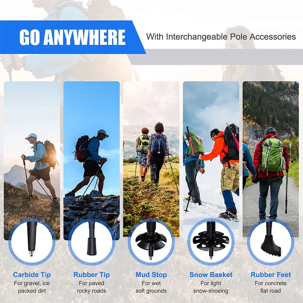 HOMEYA Pair 2 Aluminum Quick Lock Trekking, Hiking Poles, Collapsible Walking Stick Adjustable Alpenstock Anti-shock - Blue