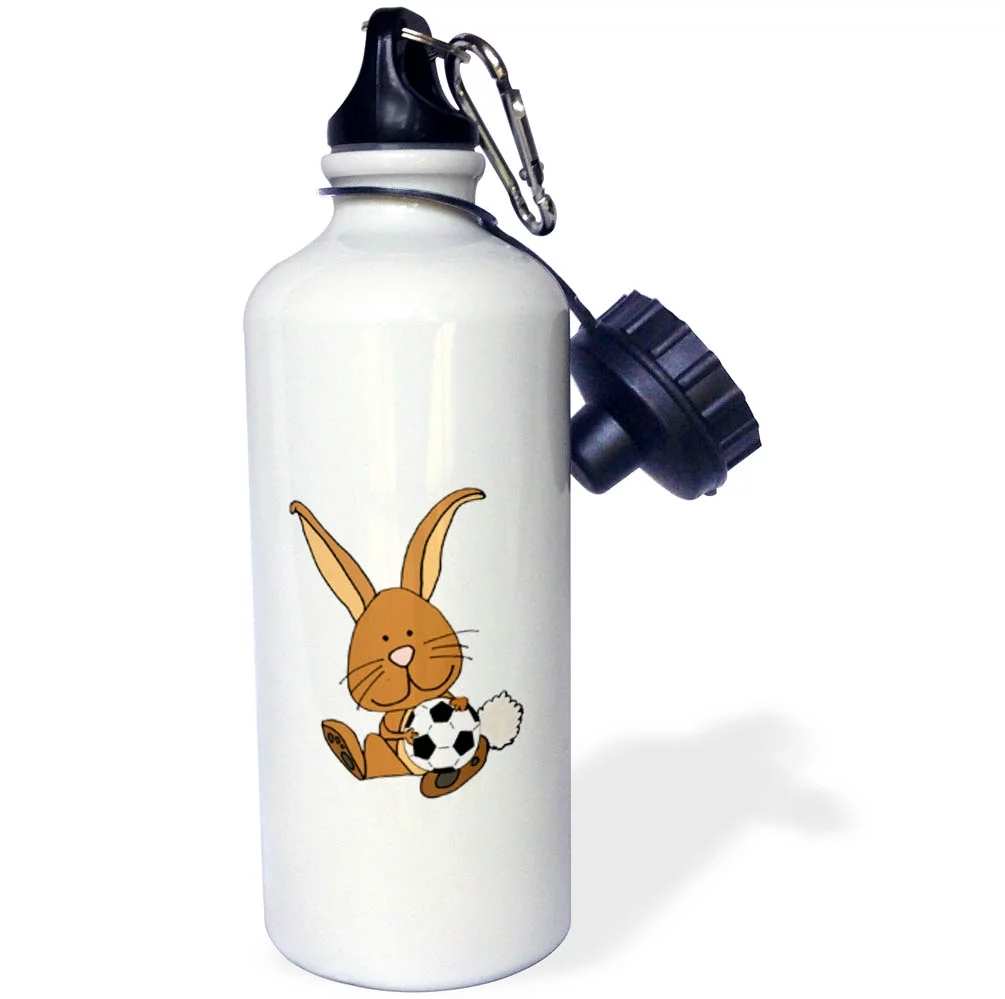 3dRose Funny Cool Brown Bunny Rabbit Playing Soccer Cartoon - Straw Water Bottle, 21-ounce