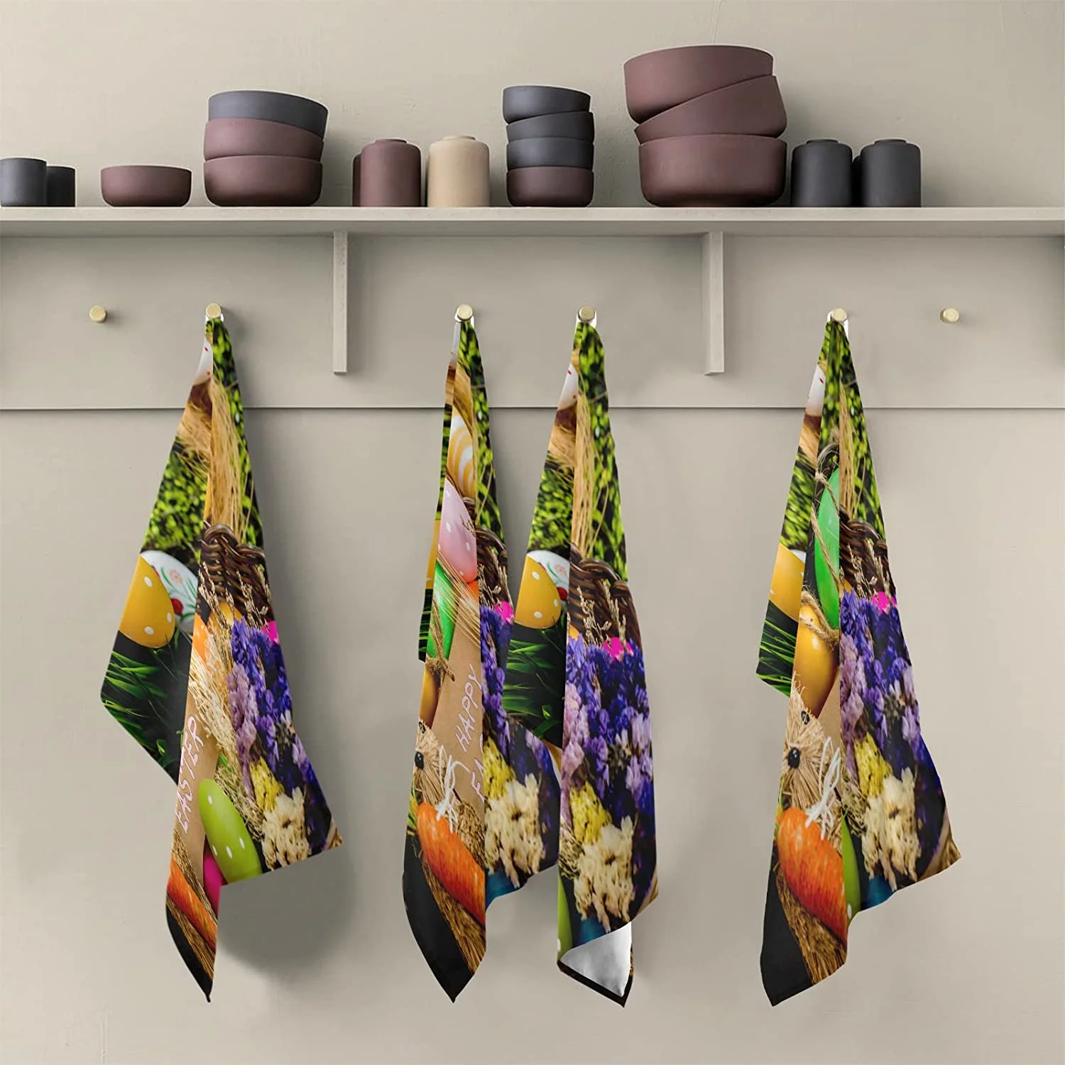 Bunny Eggs Carrot Kitchen Tea Towels Set of 6 Absorbent Hand Dish Towels, Happy Easter Dishcloths Lint-Free 18x28 Inch Fast Drying for Cooking Baking Home Clean