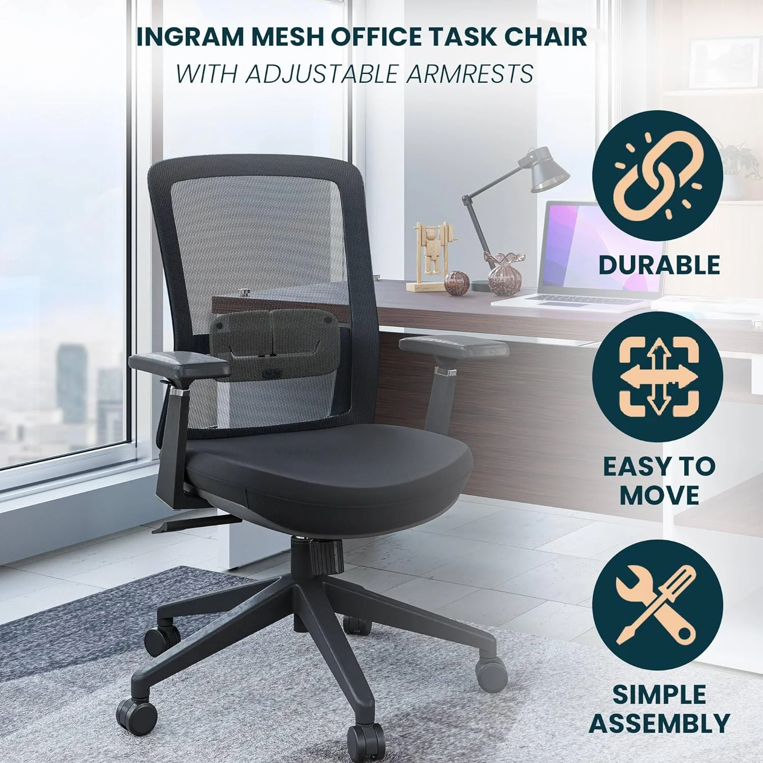 Igram Moder Height Office Task Chair With Adjustable Armrests Ad 360 Degree Swivel, Black