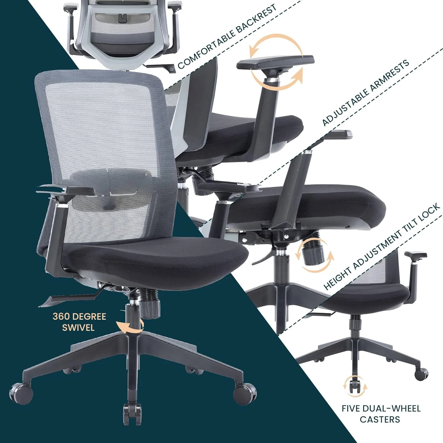 Igram Moder Height Office Task Chair With Adjustable Armrests Ad 360 Degree Swivel, Grey