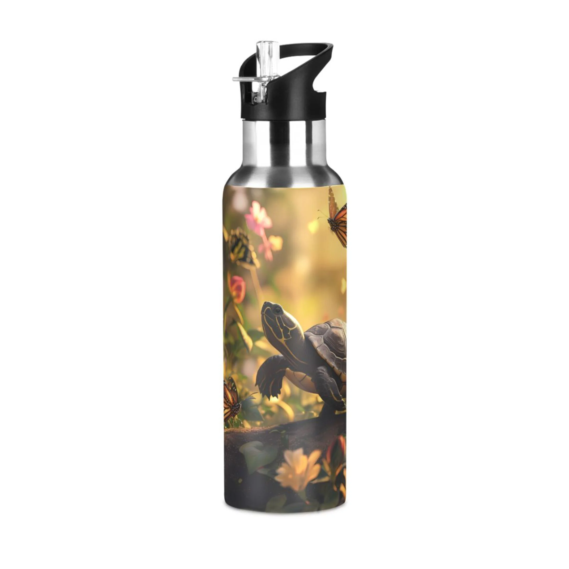 Turtle Butterfly Sunset Water Bottles Insulated Thermos Kids Stainless Steel Bottle with Straw Lid Flask Leakproof for Sports Gym 20 oz