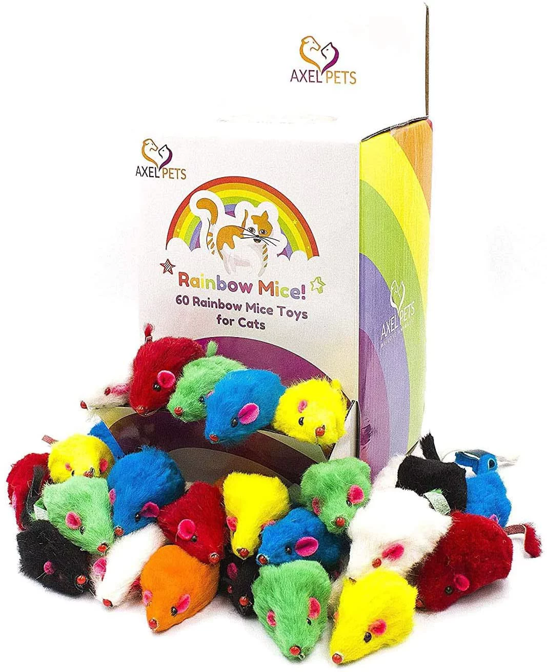 AXEL PETS 60 Rainbow Furry Mice with Catnip and Rattle Sound Interactive Catch Play Mouse Toy for Cat, Box of 60 Mice