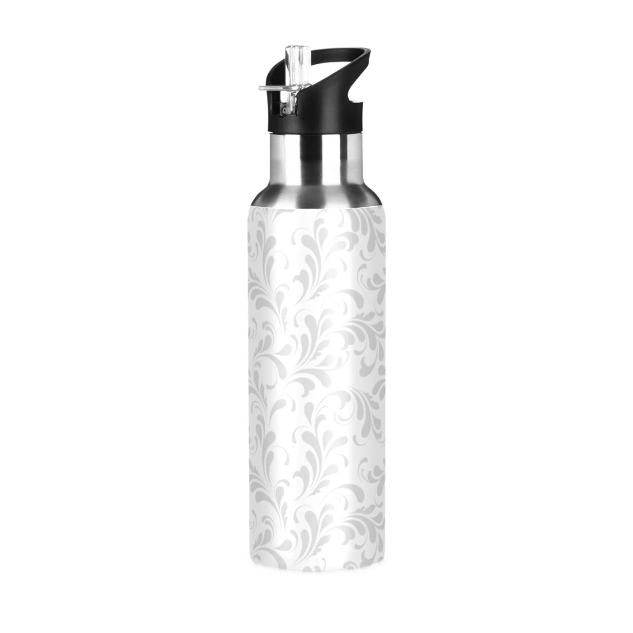 Water Bottle with Straw Lid Leak Grey Leaves Stainless Steel Insulated Thermos Vacuum Flask for Cold Hot Drinking for Sports Camping Gym Yoga