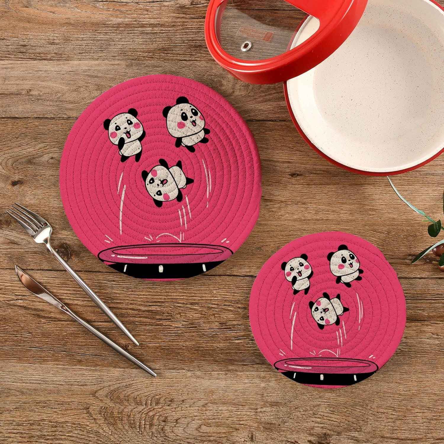 GZHJMY 2 Pcs Cotton Cute Panda Jumping on Trampoline Woven Pot Holder Trivets Set,Round Coasters Placemat for Cooking Baking Hot Dish Pan Pot Bowl Teapot(7&9 Inches)
