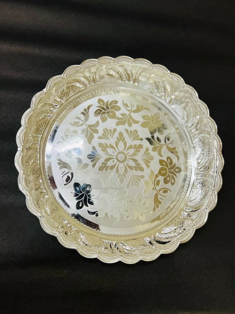 Pure Silver Floral Design Plate 420g, Handmade Solid Silver Plate, Idols Puja Prasadam (Foods) Plates Puja Article, Silver Gifting Utensils