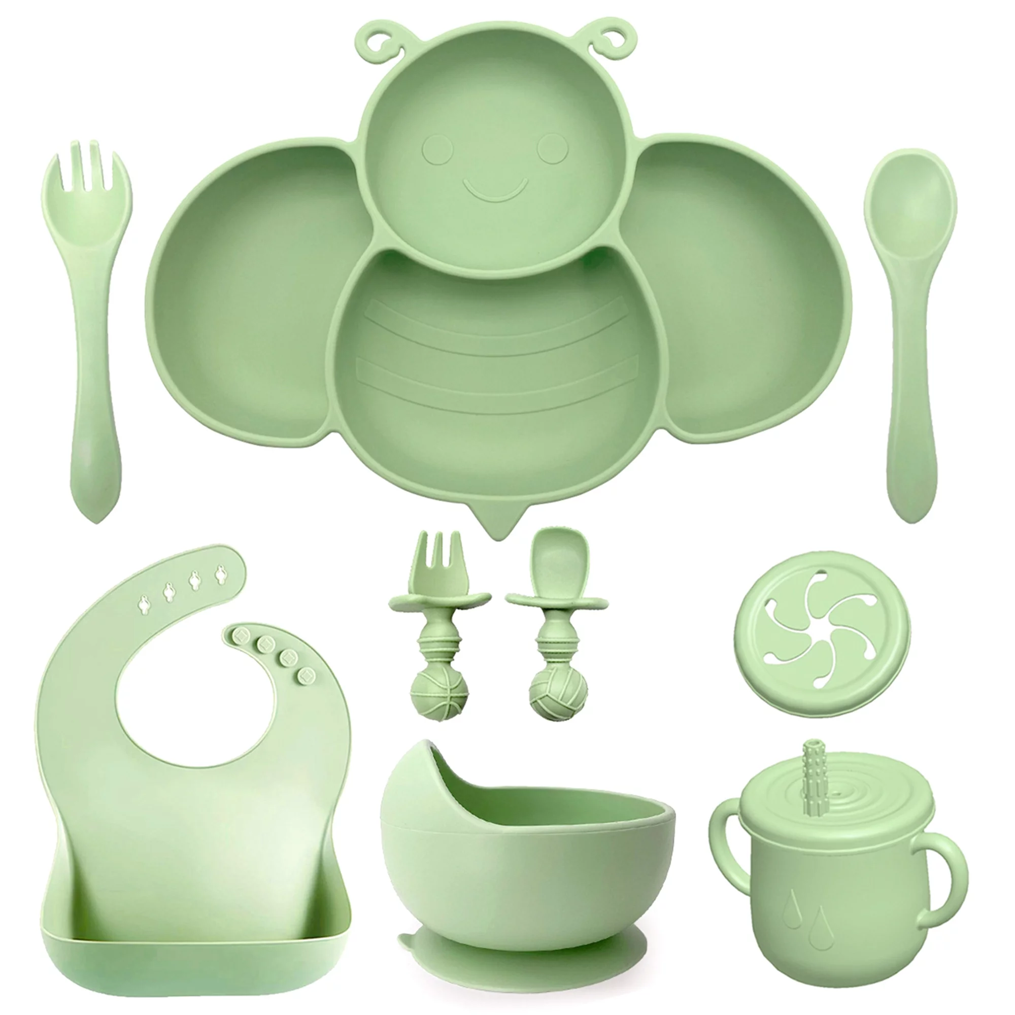 Baby Led Weaning Set Bee Shaped Plate with Bibs, Spoon and Fork Cup